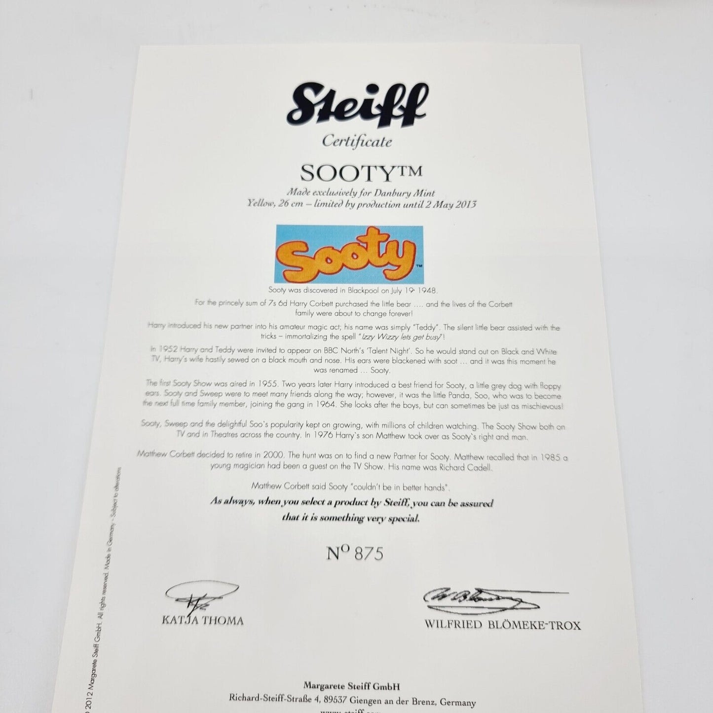 Steiff 664137 Sooty 26 cm limitiert Danbury Mint Jahr 2012
