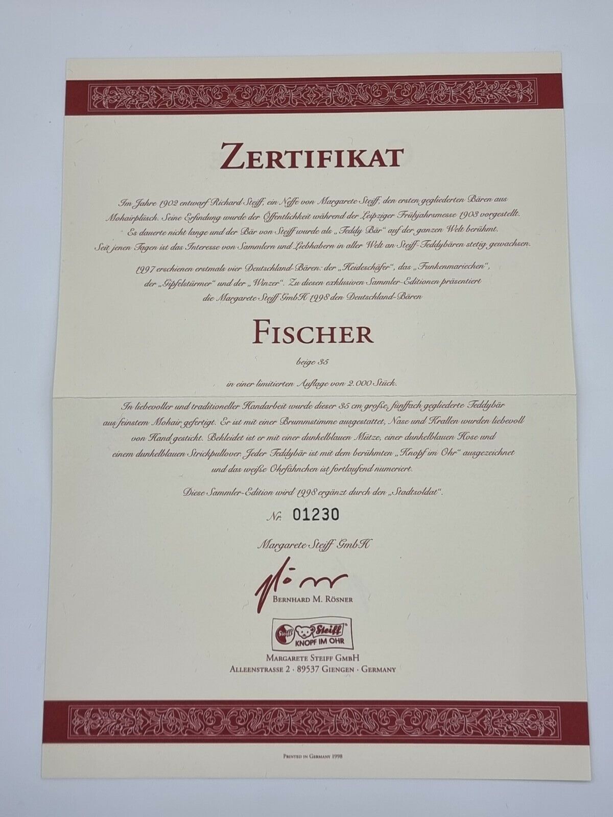 Steiff Teddybär Fischer 35 cm 1998 Zertifikat 670114 limitiert Brummstimme OVP