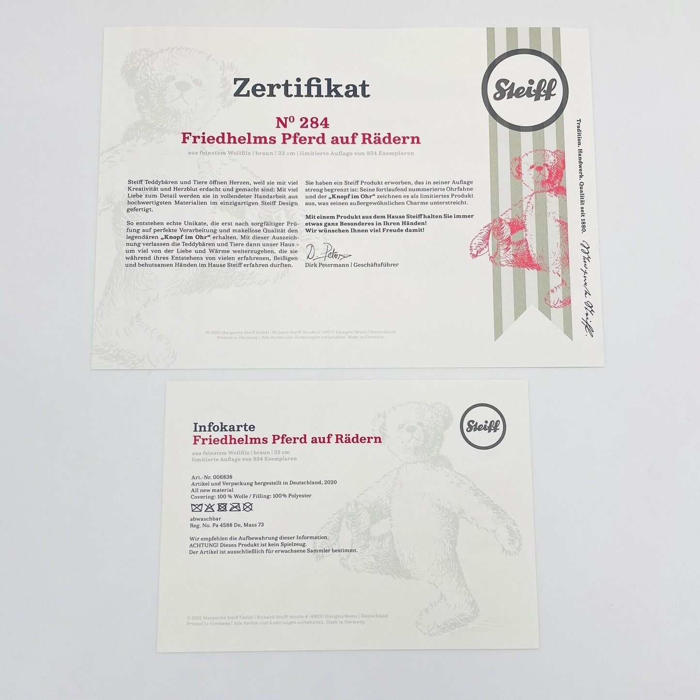 Steiff Friedhelms Pferd auf Rädern 006838 limitiert 934 aus 2020 32cm Wolle