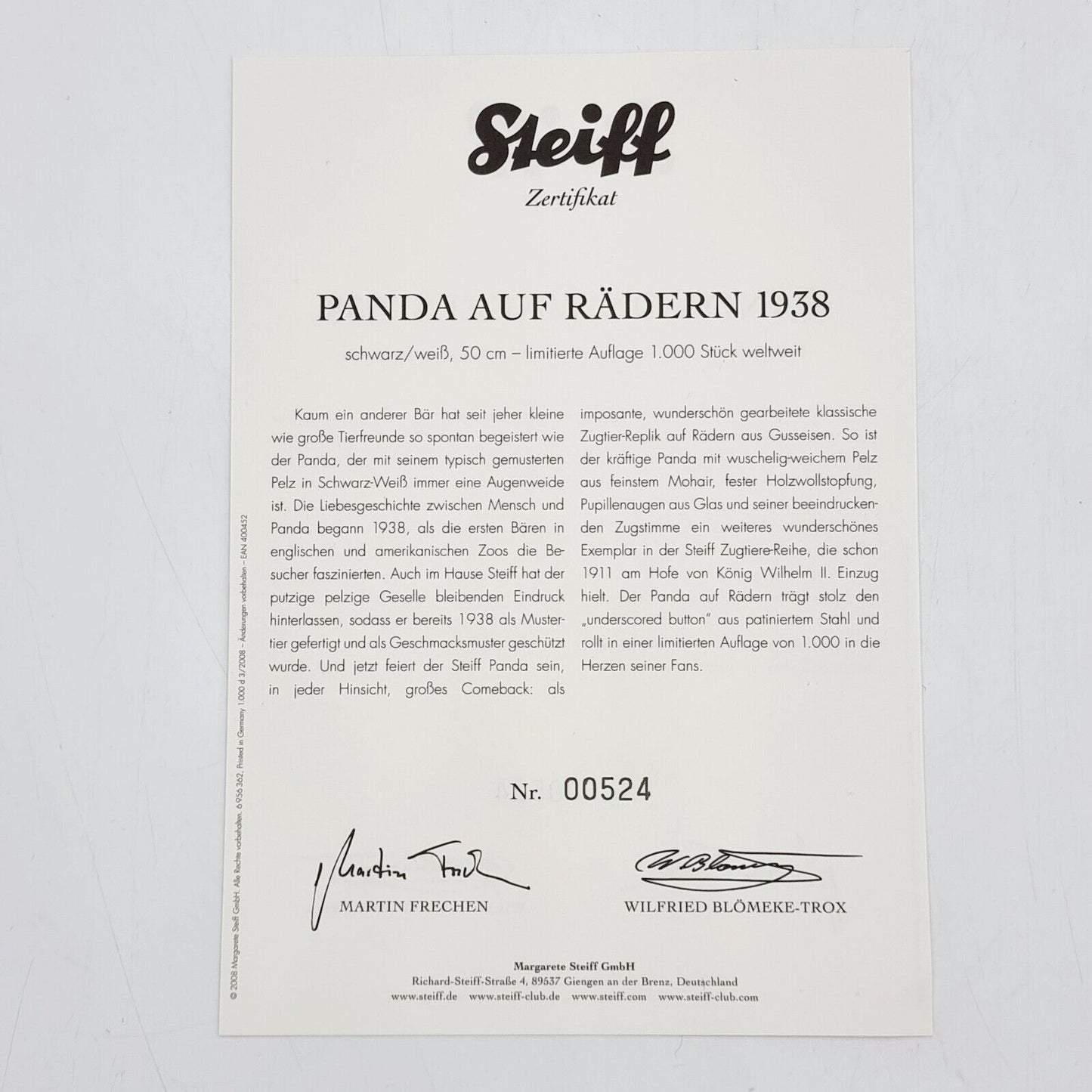 Steiff Panda auf Rädern Replica 1938 400452 limitiert 1000 aus 2008 50cm
