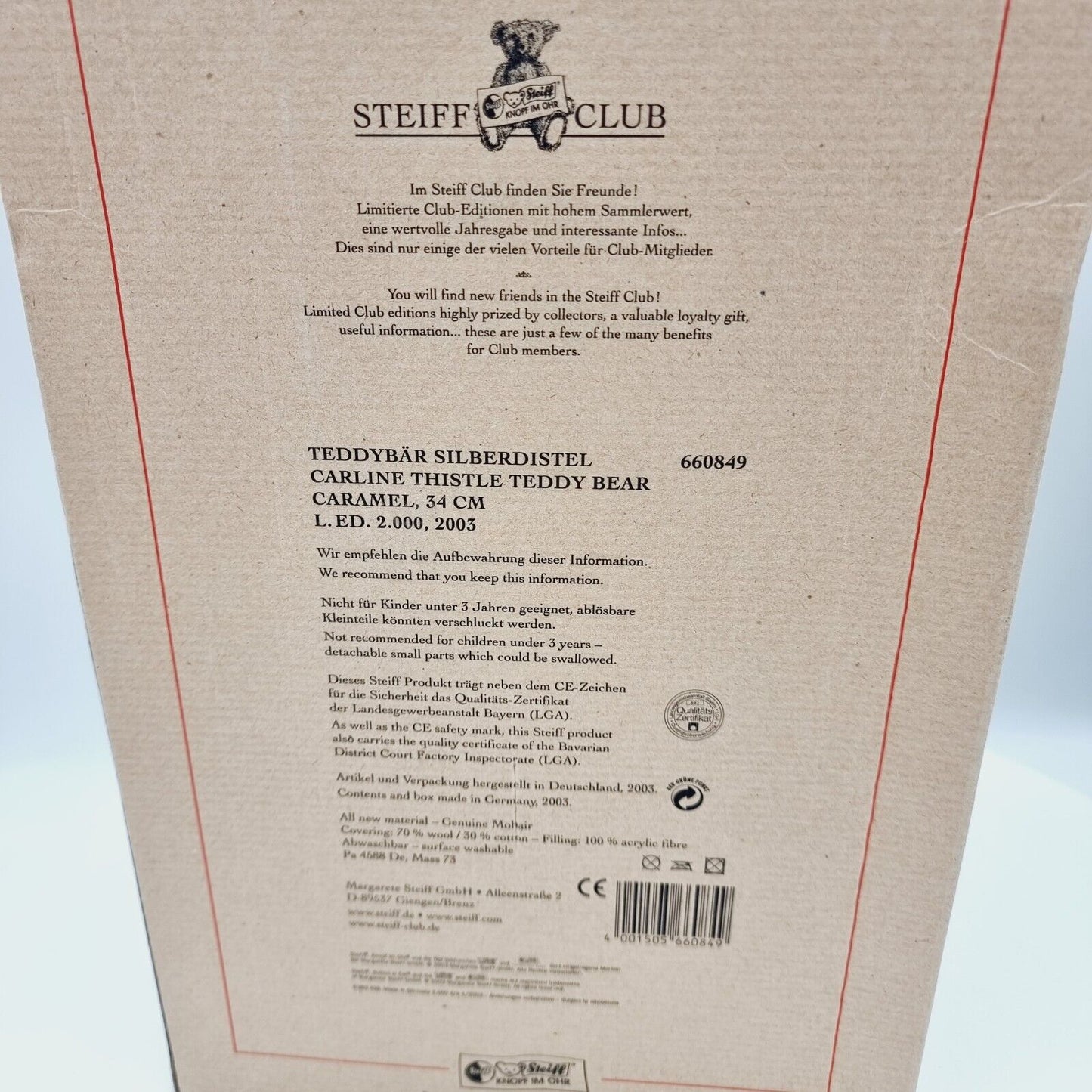 Steiff Teddybär Silberdistel 34 cm 660849 limitiert 2000 Jahr 2003