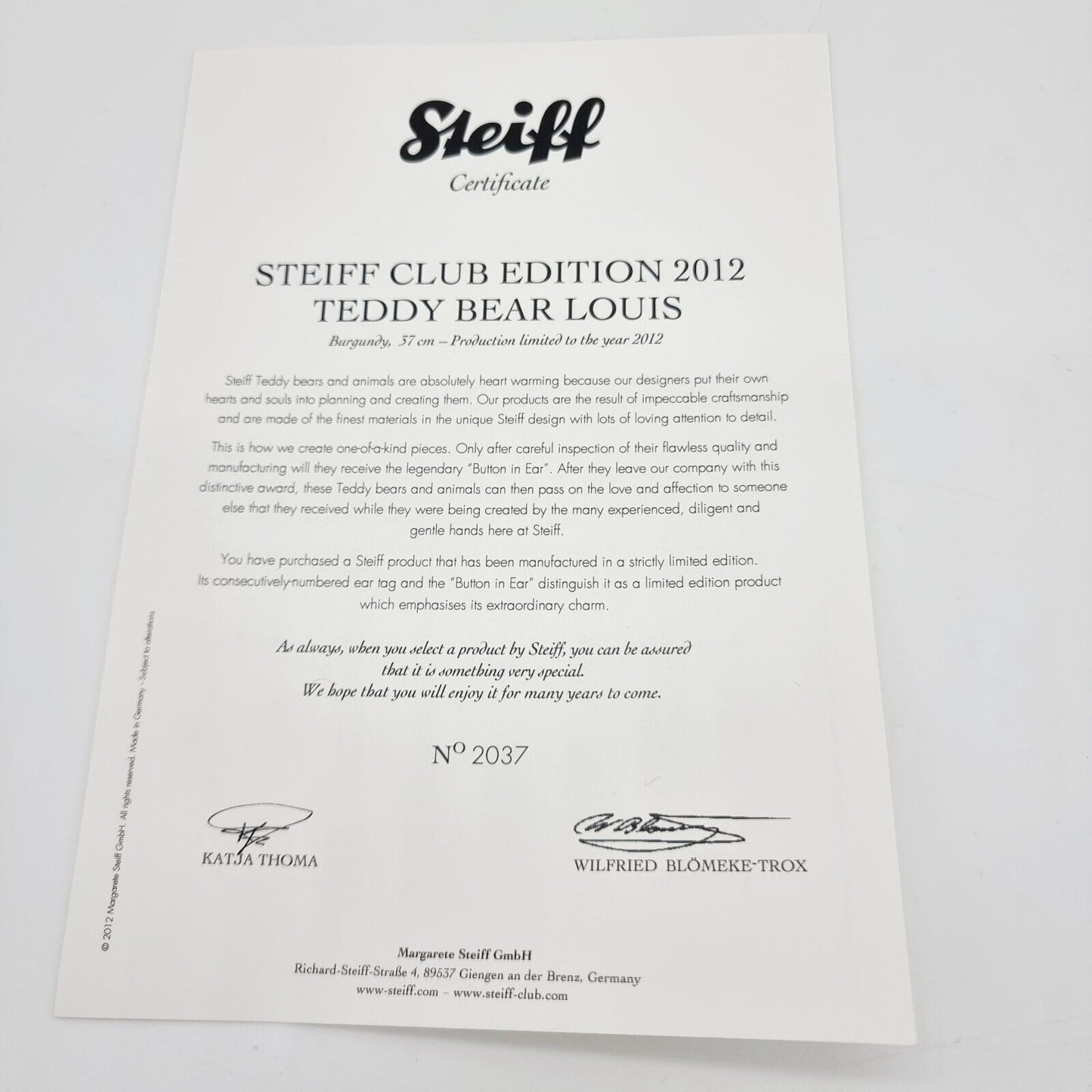 Steiff 421235 Club Teddybär Louise limitiert 2012 aus 2012 37 cm Alpaca