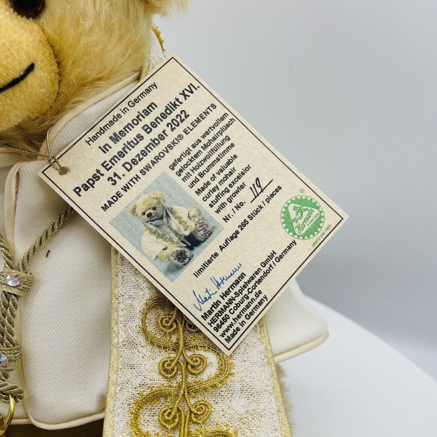 Hermann Coburg Teddybär Papst Emeritus Benedikt XVI limitiert aus 2022 Nr. 111