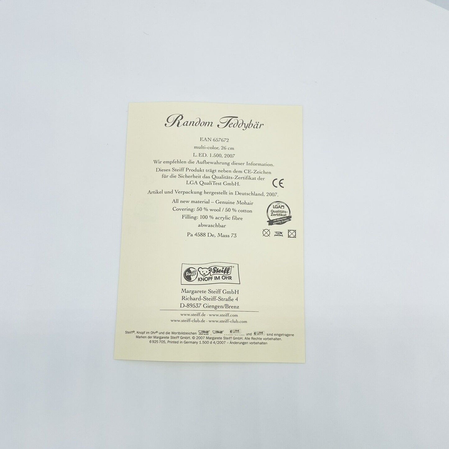 Steiff Teddybär Random 657672 limitiert 1500 aus 2007 26cm Mohair