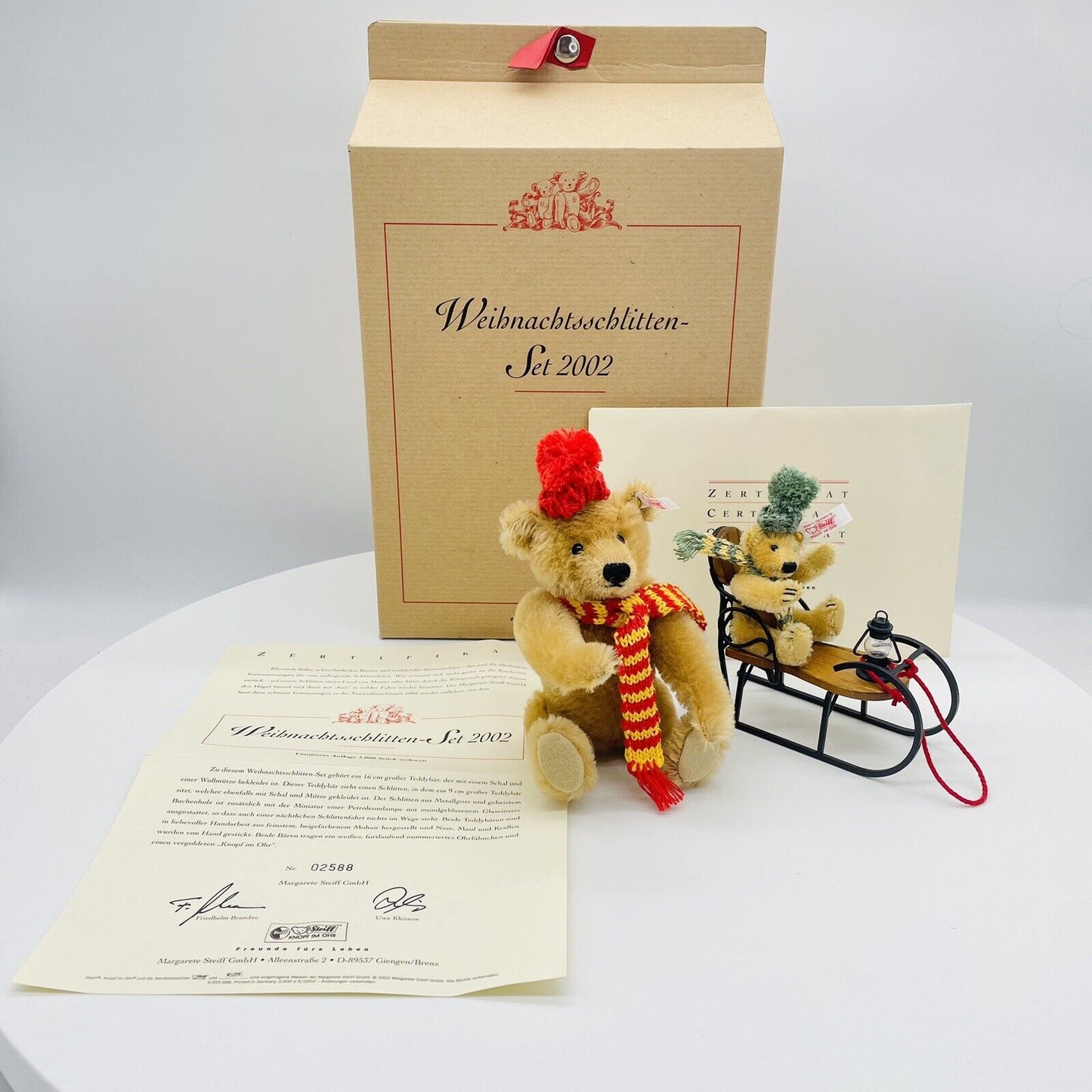 Steiff Weihnachtsschlitten-Set 2002 037979 limitiert 3000 aus 2002 16cm