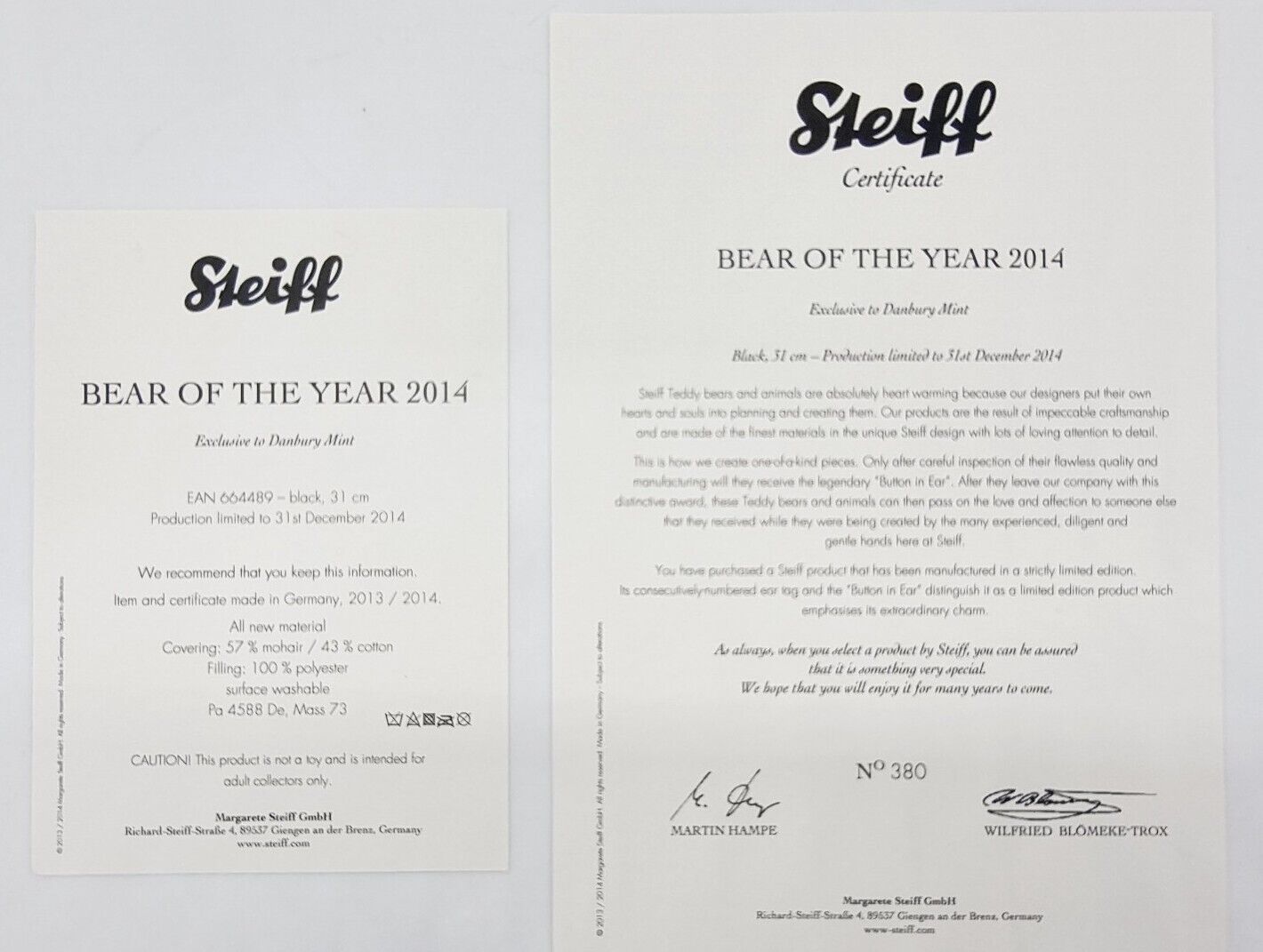 Steiff Danbury Mint 664311 Teddybär Year Bear 2013 limitiert 2013 33cm Mohair
