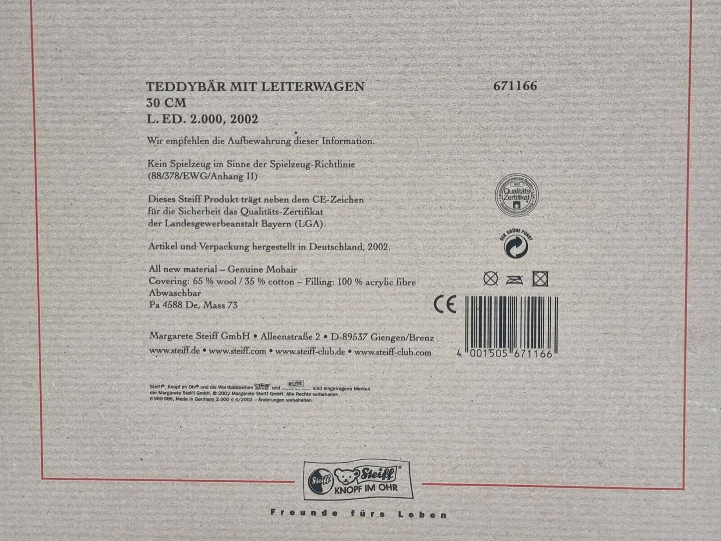 Steiff Teddybär mit Leiterwagen 30 cm 671166 limitiert Zertifikat OVP Sammler