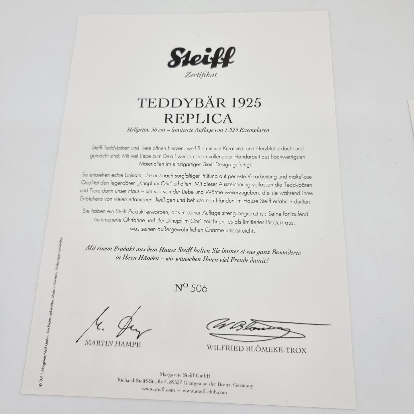 Steiff 408755 Teddybär 1925 Replica hellgrün limitiert 1925 36 cm Mohair