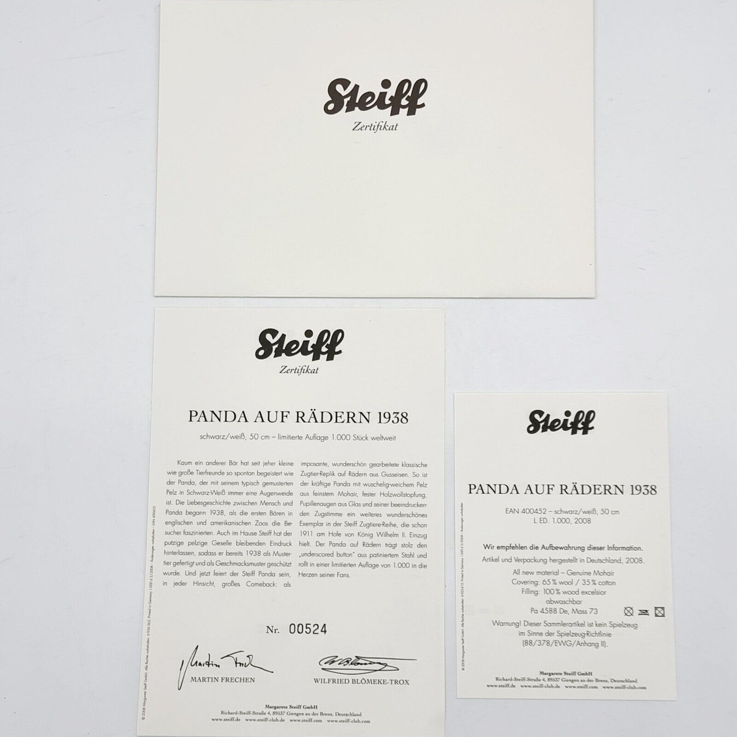 Steiff Panda auf Rädern Replica 1938 400452 limitiert 1000 aus 2008 50cm