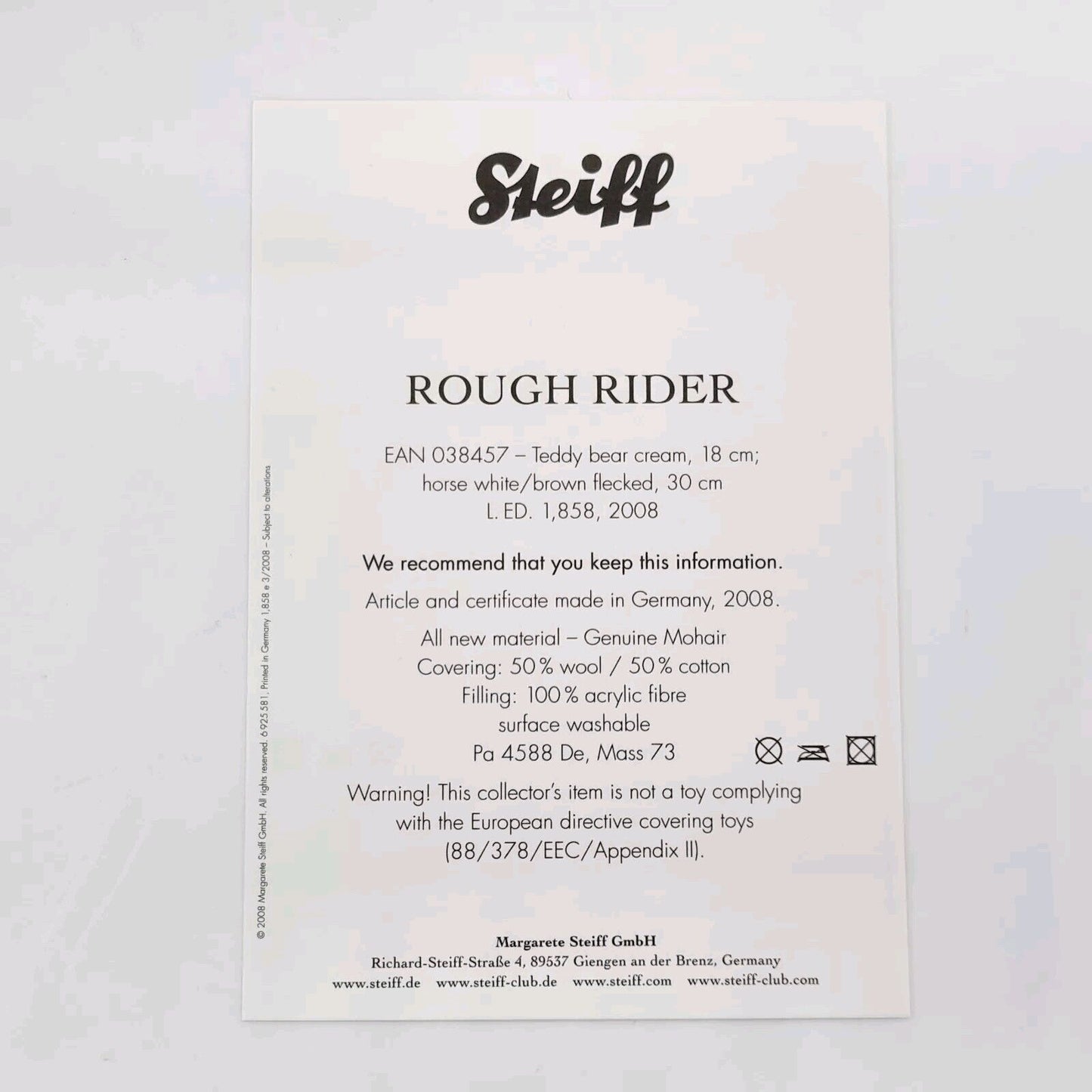Steiff 038457 Rough Rider limitiert 1858 aus 2008 18 cm und 30 cm Mohair