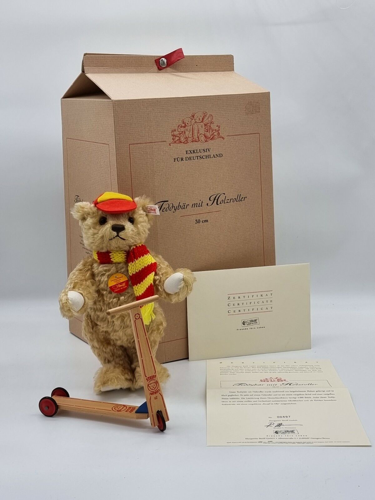 Steiff Teddybär mit Holzroller 671142 limitiert Zertifikat OVP Mohair Sammler