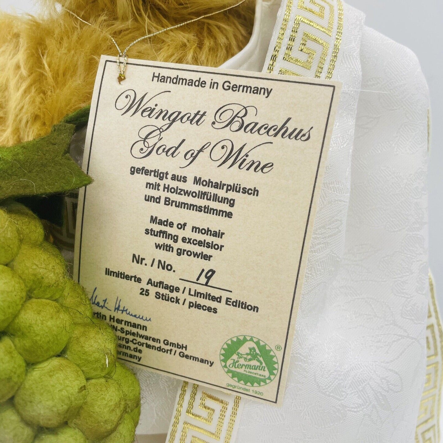 Hermann Coburg Teddybär Weingott Bacchus limitiert 25 34cm Mohair