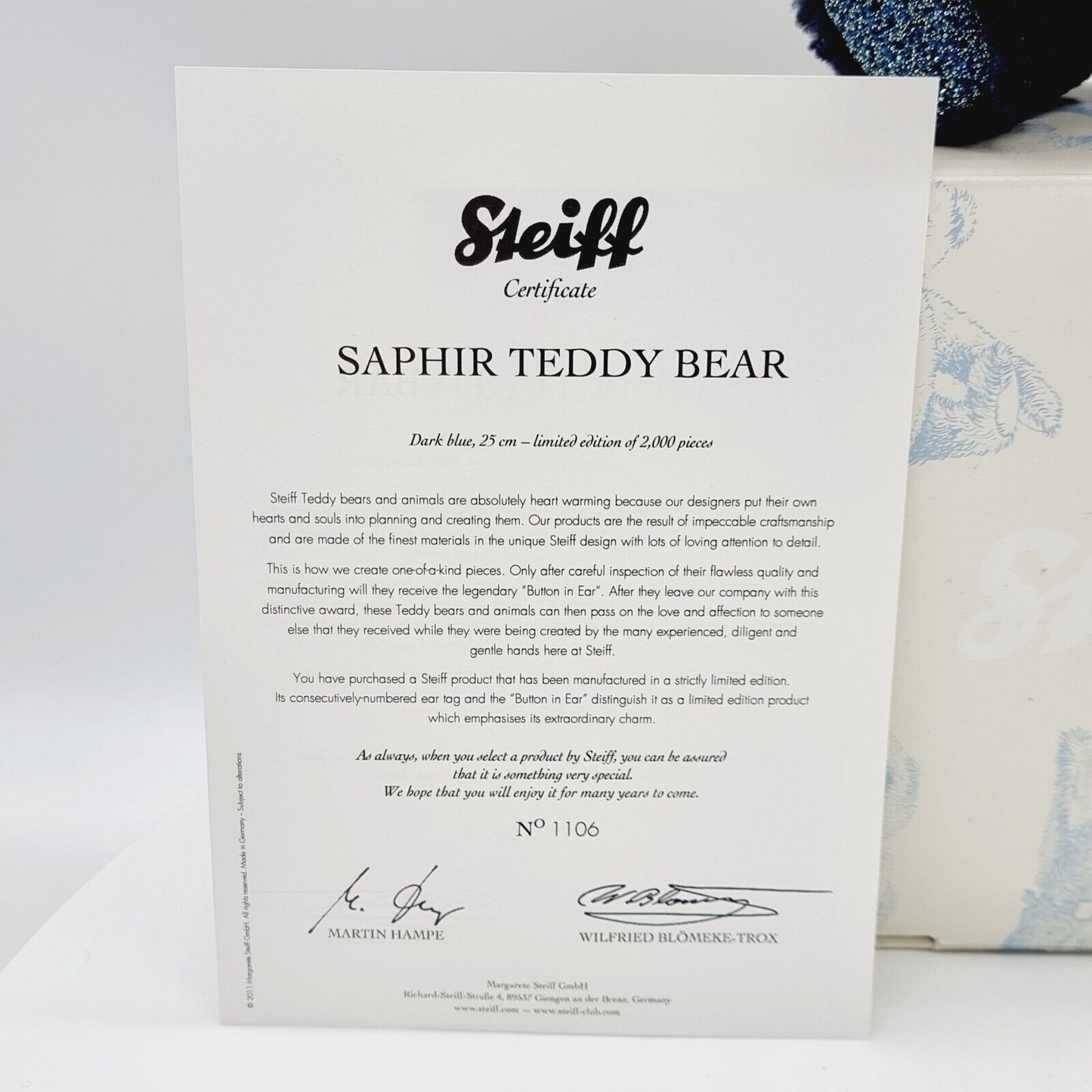 Steiff Saphir Teddybär 036934 limitiert 2000 aus 2011 25cm aus Seidenplüsch