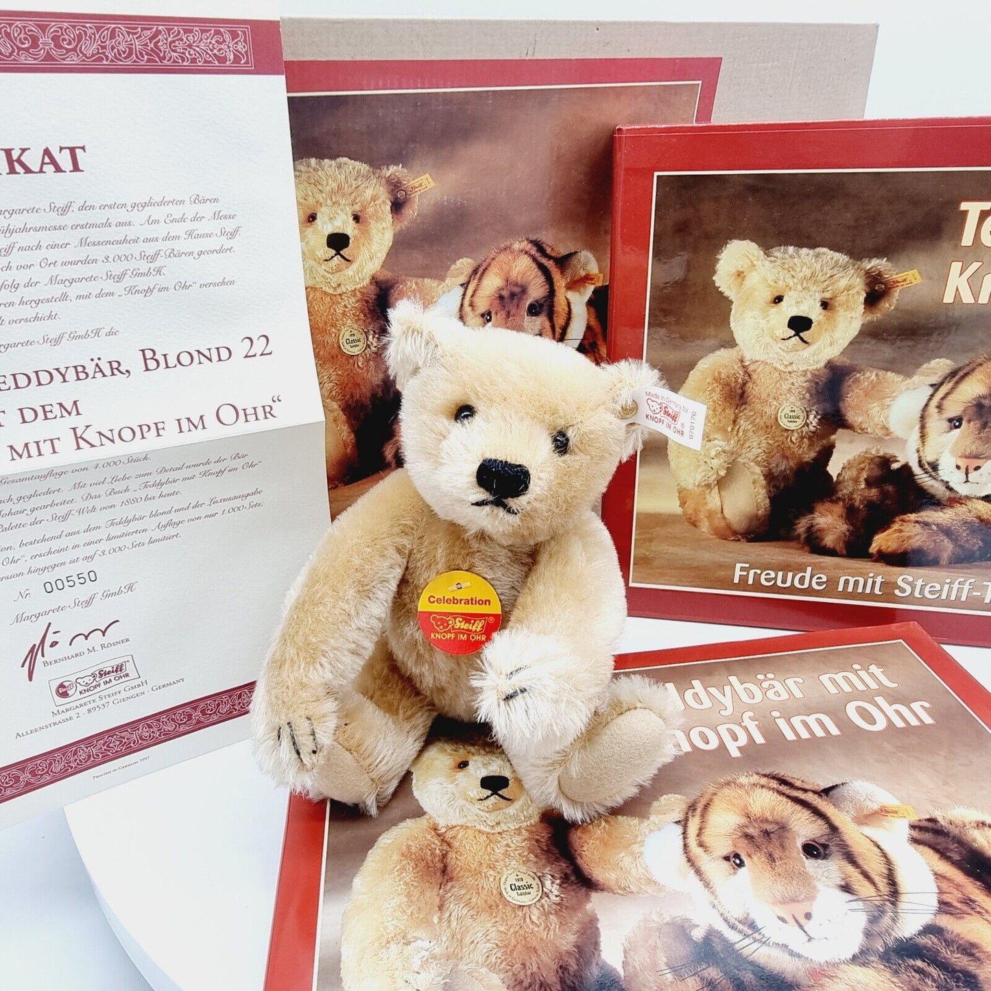Steiff 670176 Teddybär blond mit Buch "Teddybär mit Knopf im Ohr limitiert 1000