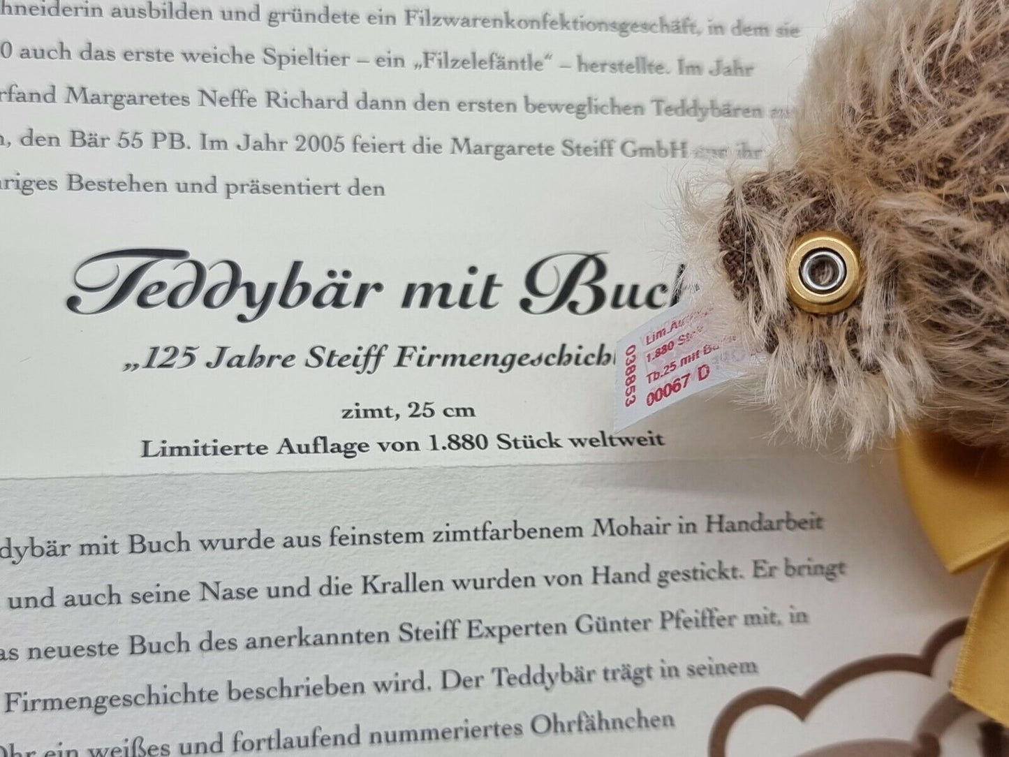 Steiff Teddybär mit Buch 038860 EAN 038853 limitiert Zertifikat OVP Mohair