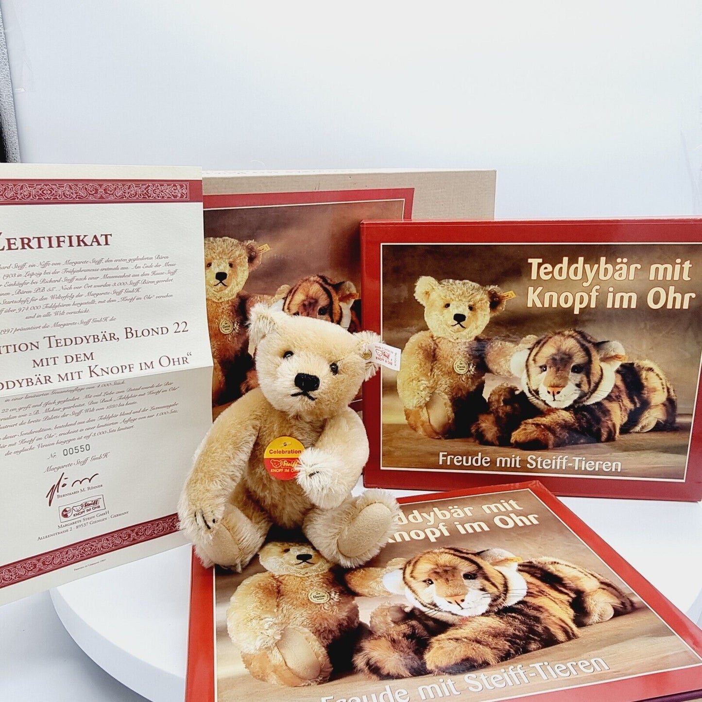 Steiff 670176 Teddybär blond mit Buch "Teddybär mit Knopf im Ohr limitiert 1000