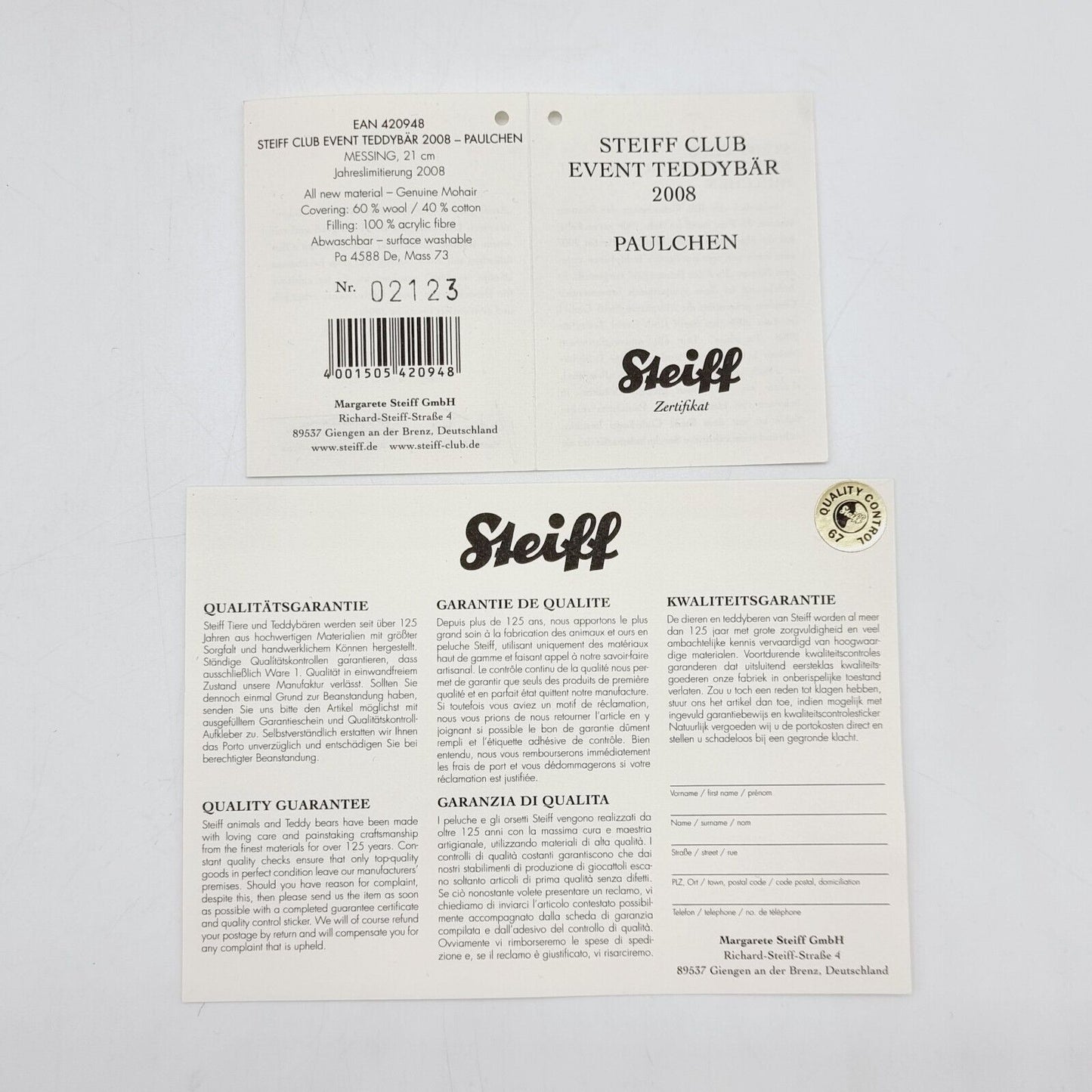 Steiff Event Teddybär Paulchen 420948 limitiert 2008 aus 2008 21cm Mohair