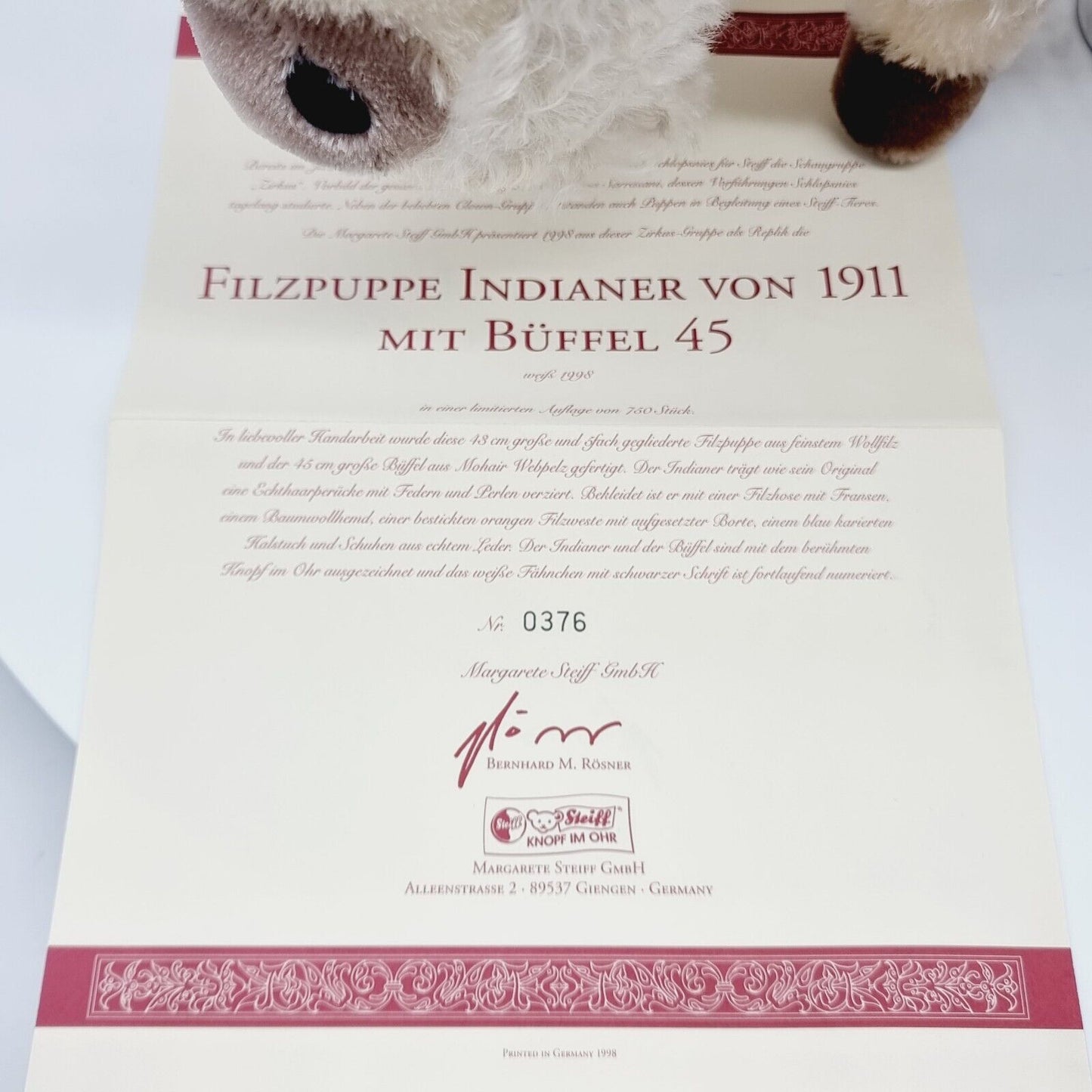 Steiff Filzpuppe Indianer mit Büffel 45 cm aus 1998 limitiert auf 750 411762