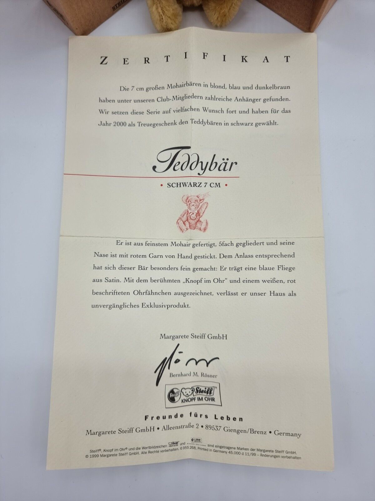 Steiff Club Jahresgeschenk Teddybären limitiert Zertifikat OVP Sammler 2001