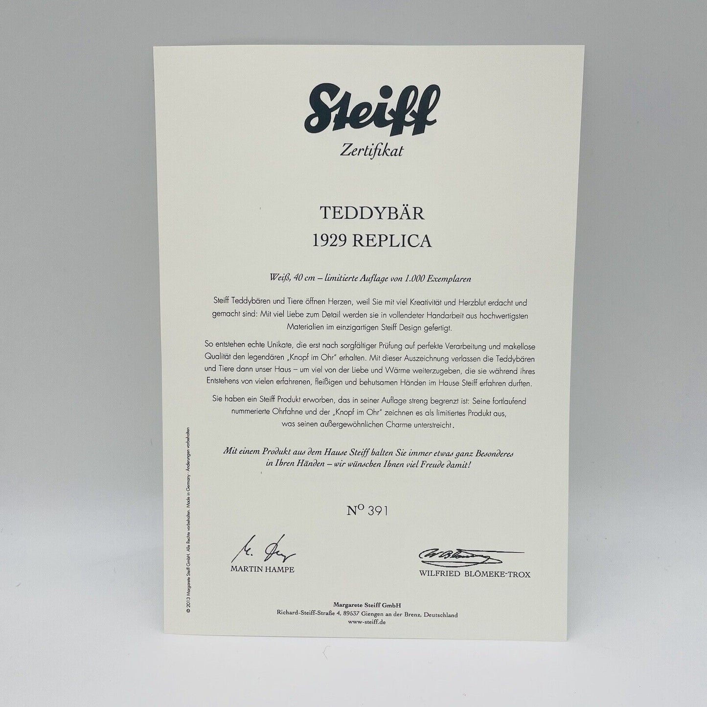 Steiff Teddybär 1929 Replica 403132 limitiert 1000 aus 2013 40cm