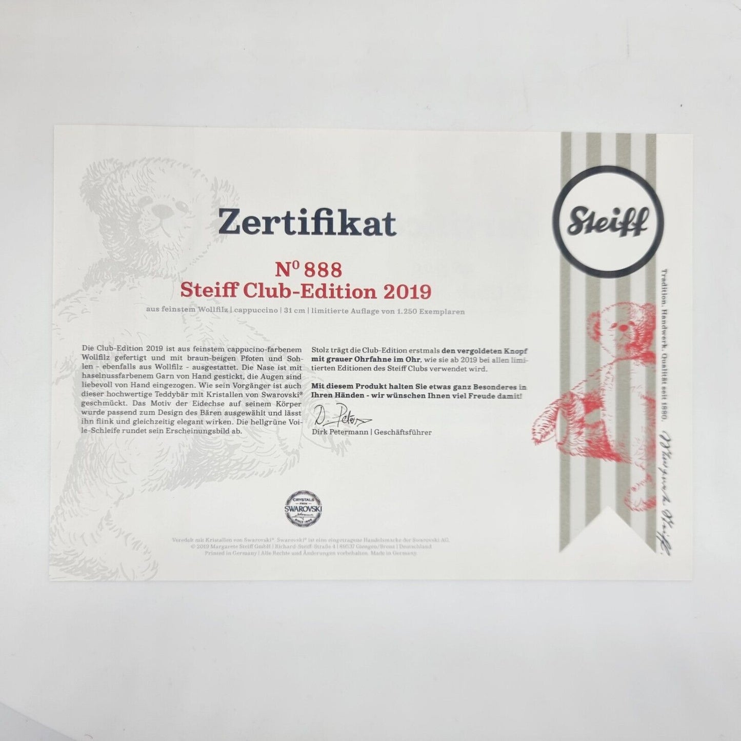 SALE Steiff 421549 Filzteddybär Club Edition 2019 Swarovski 31 cm