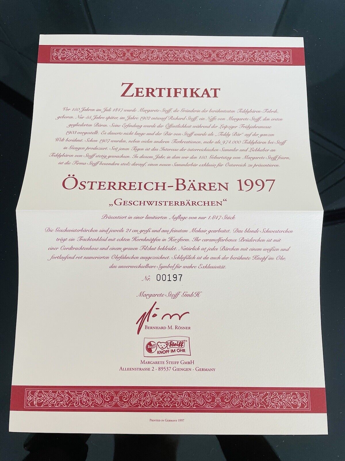 STEIFF Teddybär EAN 659911 Geschwisterbärchen 21 cm OVP Sammler 1997 limitiert