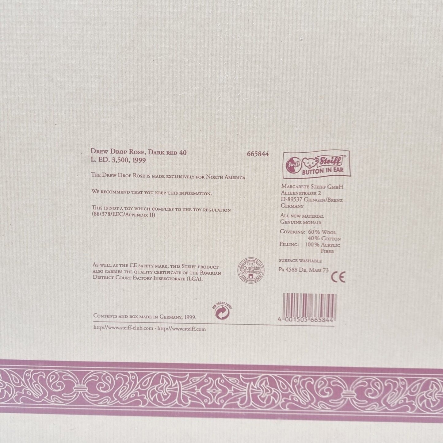 Steiff Teddybär Drew Drop Rose 665844 limitiert 3500 Jahr 1999 North America