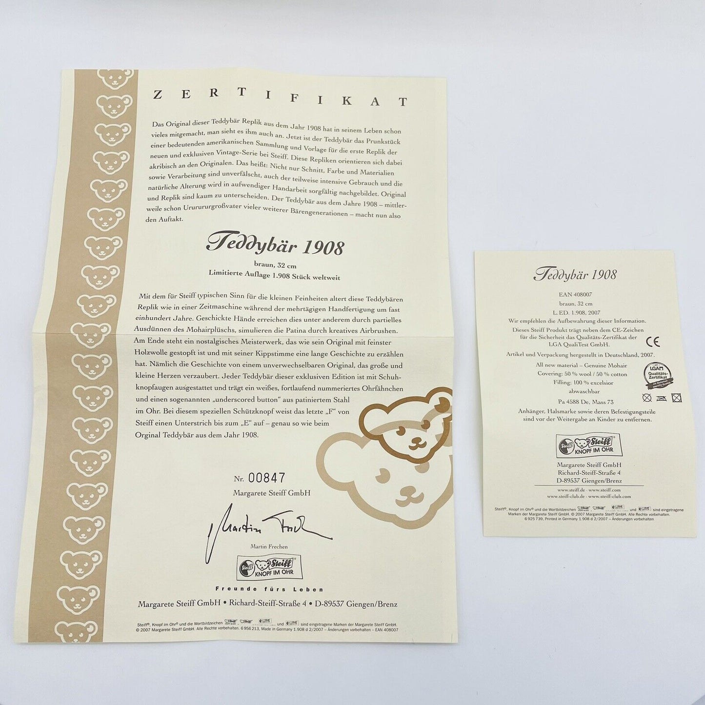 Steiff Teddybär 1908 Replica 408007 limitiert 1908 aus 2007 32cm Mohair