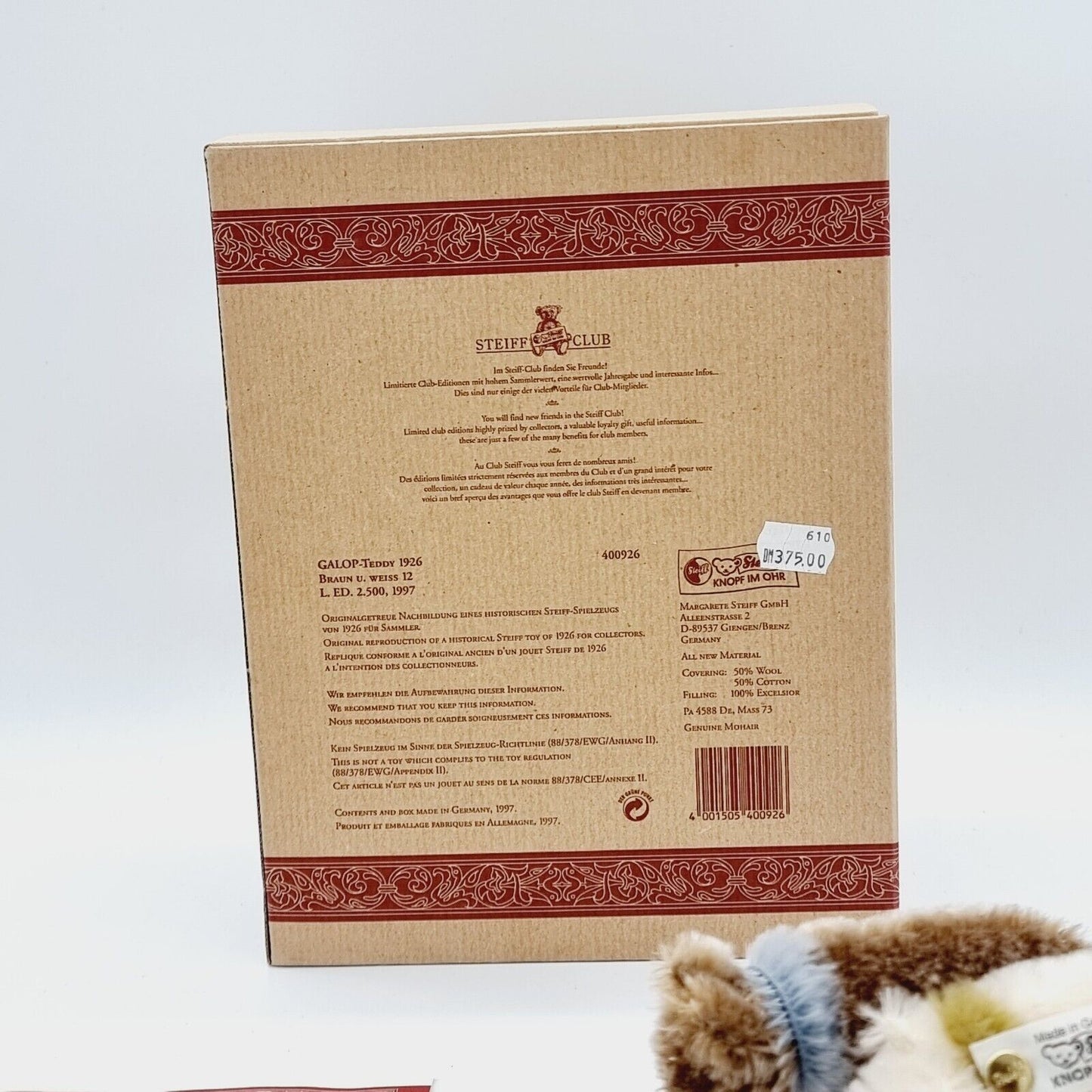 Steiff Galopp Teddy 1926 Replica - Nr. 400926 2 Teddys Zuggespann Zertifikat OVP