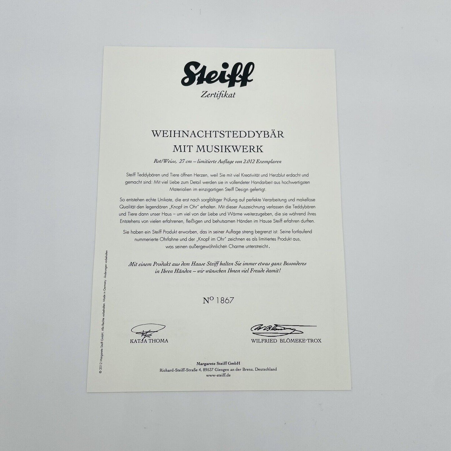 Steiff Weihnachtsteddybär 2012 035333 limitiert 2012 aus 2012 27cm Mohair