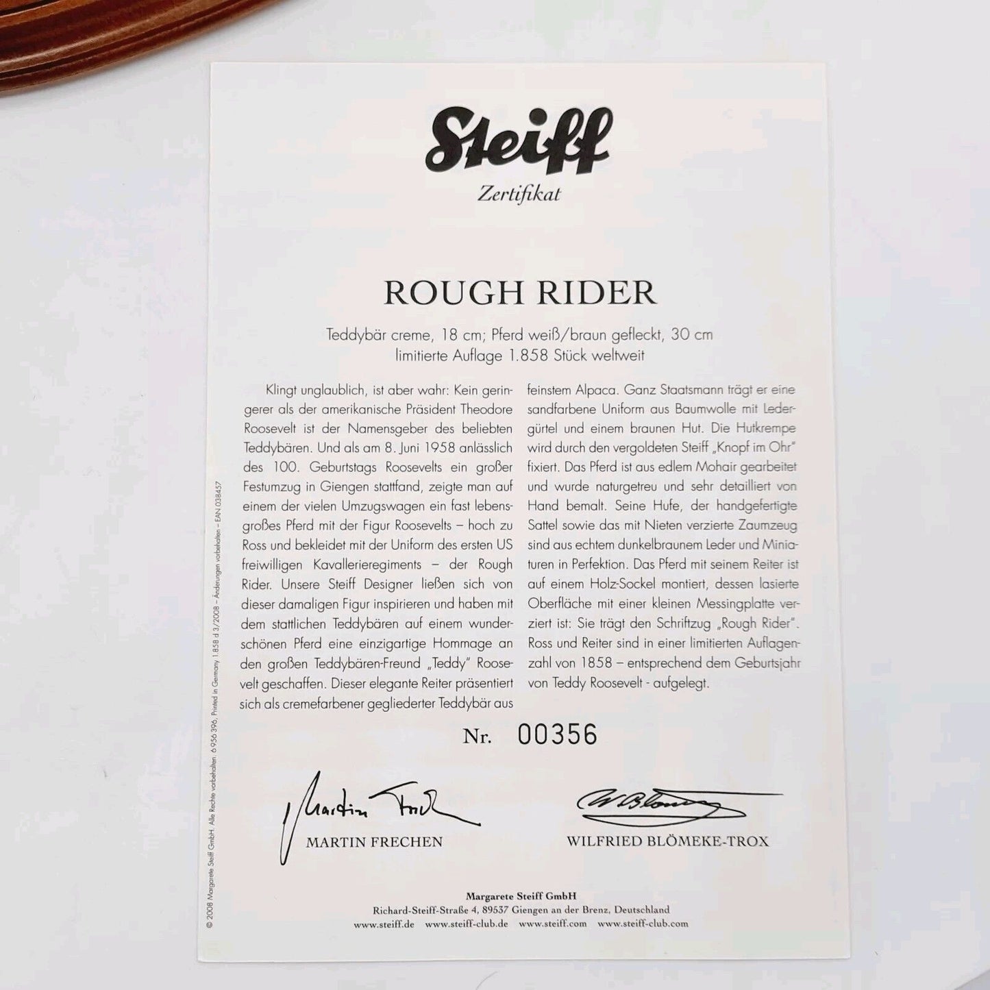 Steiff 038457 Rough Rider limitiert 1858 aus 2008 18 cm und 30 cm Mohair
