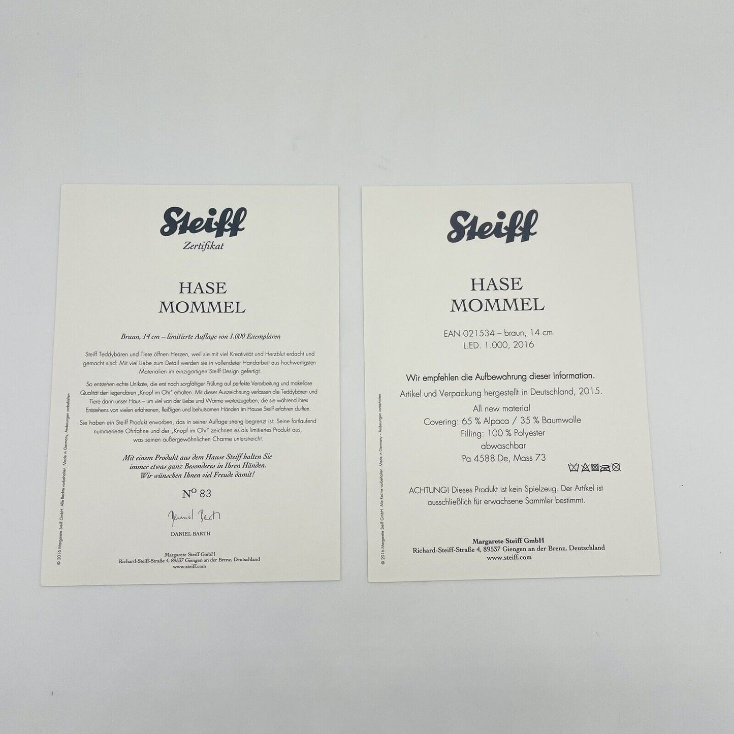 Steiff Hase Mommel 021534 limitiert 1000 aus 2016 14cm Alpaca