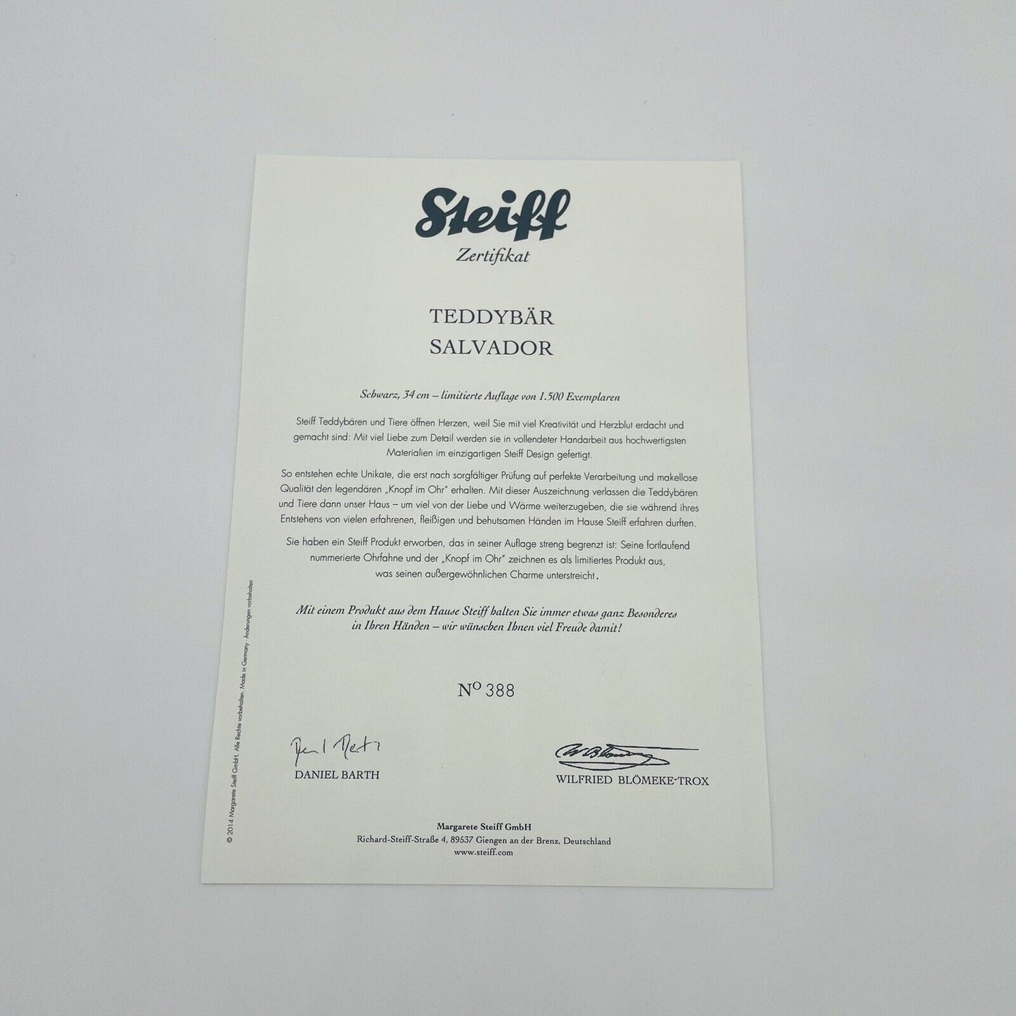 Steiff Teddybär Salvador 034930 limitiert 1500 34cm Alpaca