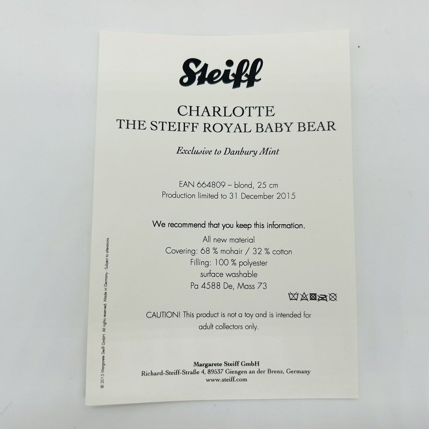 Steiff 664809 Teddybär Royal Baby Charlotte limitiert bis Ende 2015 25 cm