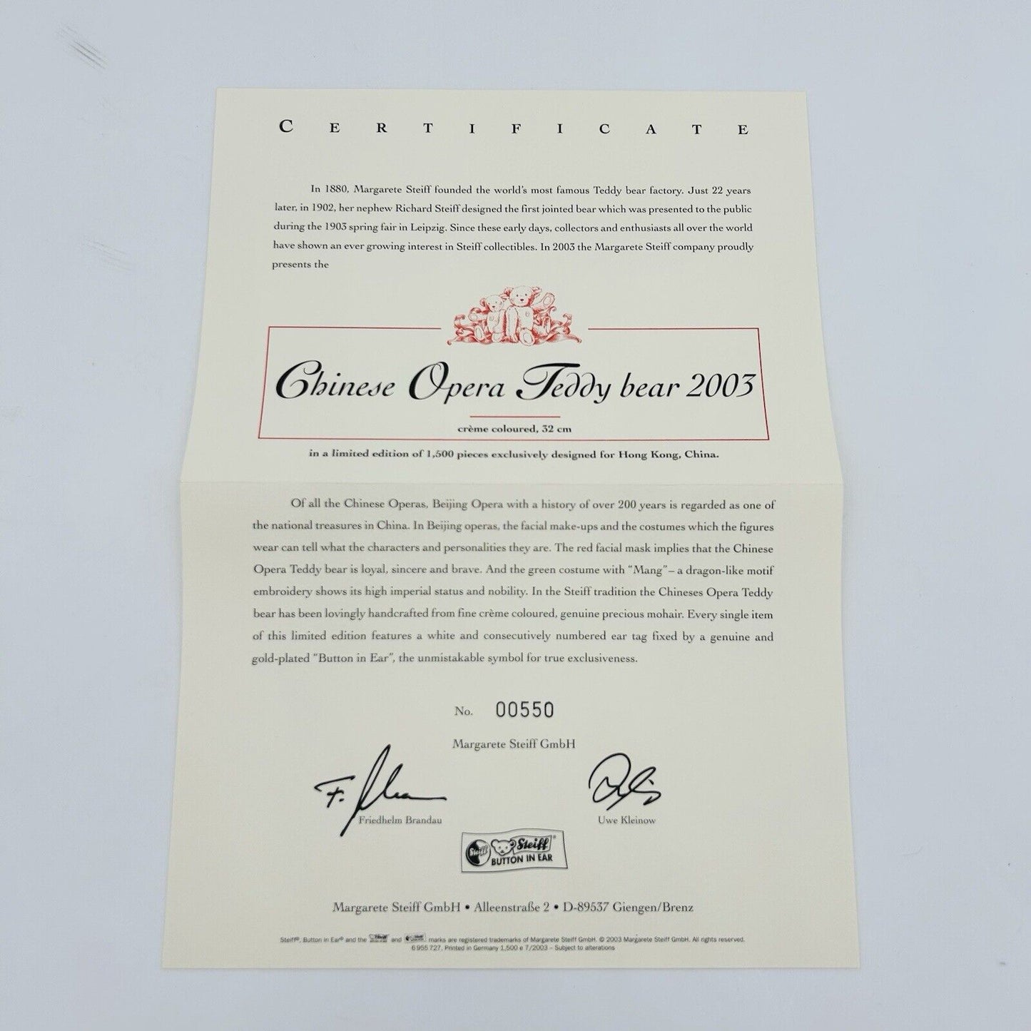 Steiff 676031 Teddybär Chinese Opera limitiert 1500 für Hong Kong aus 2003 32 cm