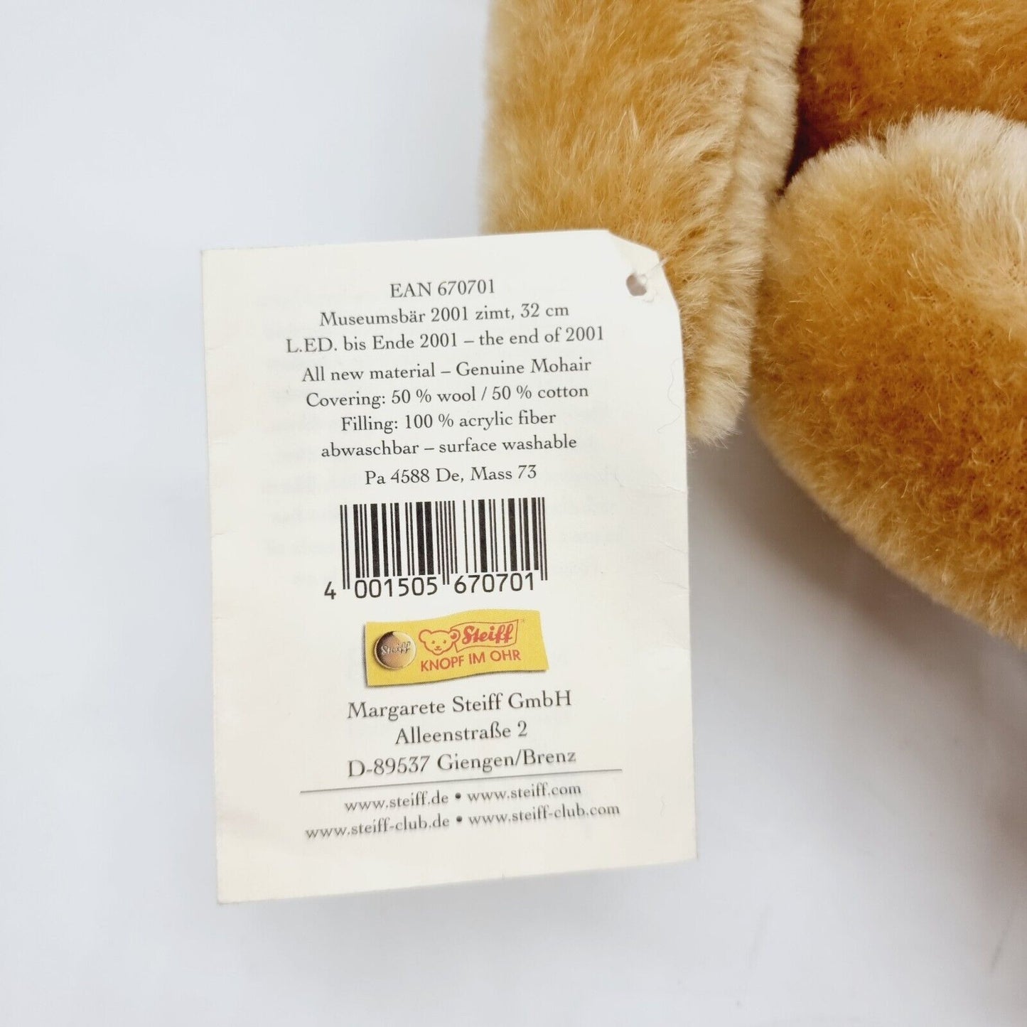 Steiff 670701 Museumsbär 2001 Zimt 32 cm limitiert mit Porzellan-Marke