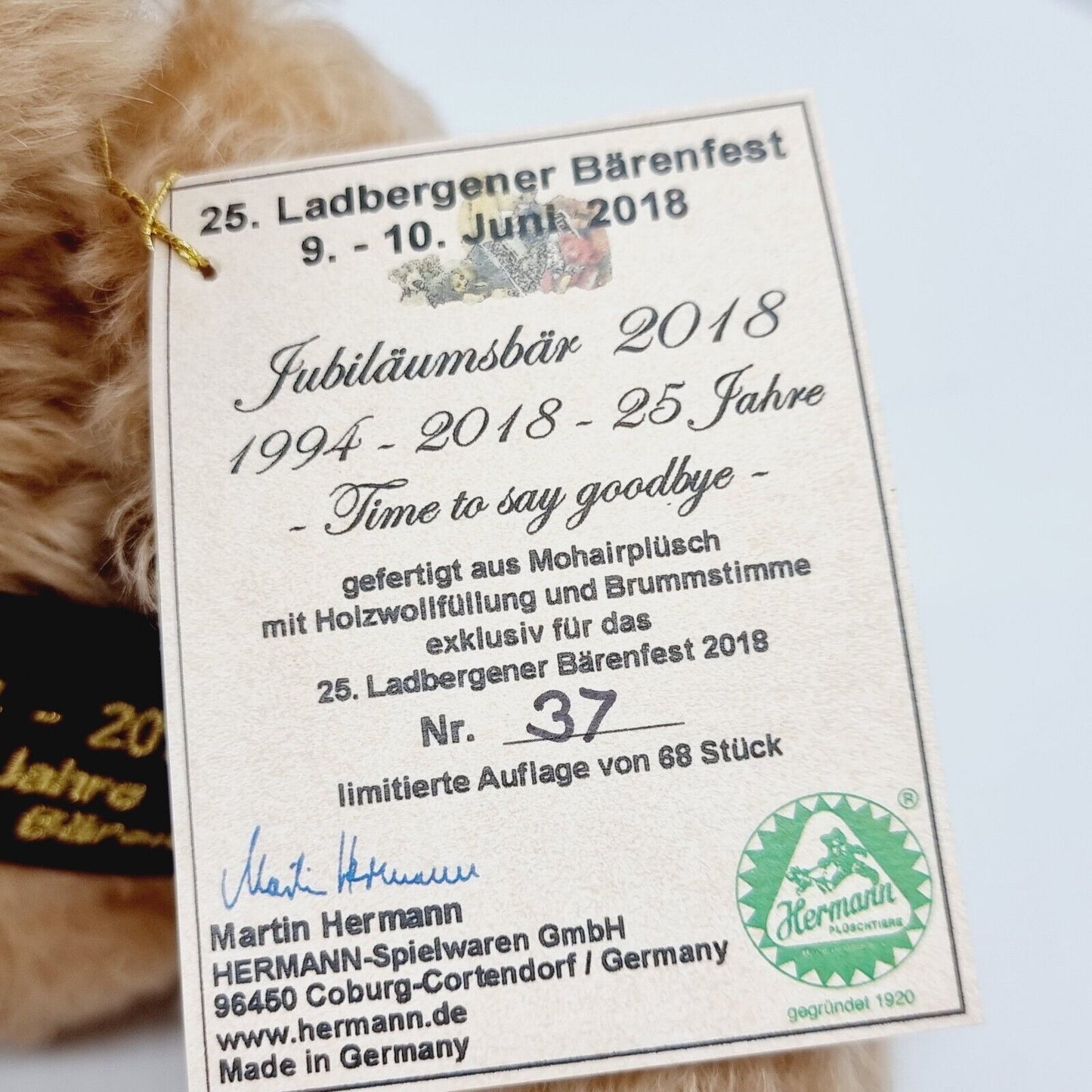 Hermann Jubiläumsbär 2018 25 Jahre Ladbergener Bärenfest limitiert 68 Stück