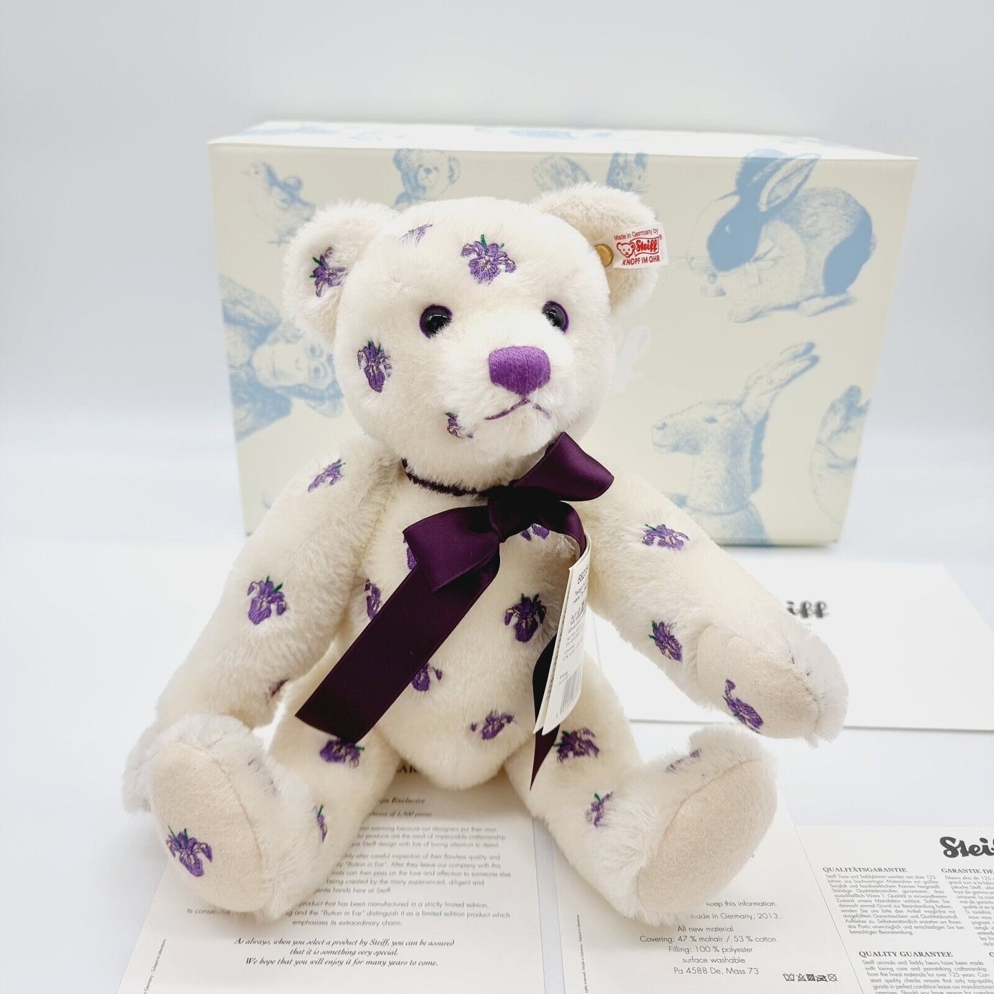 Steiff Iris Teddybär EAN 682384 Blumenbestickung 33 cm Mohair imitiert