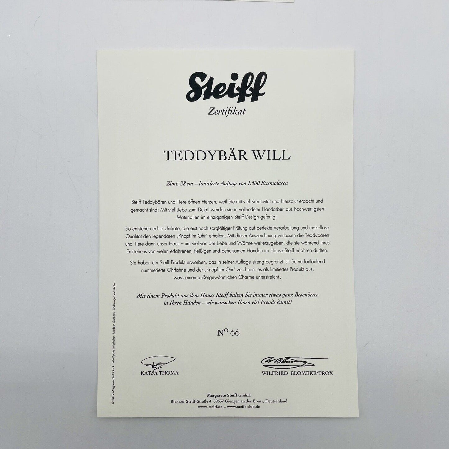 Steiff Teddybär Will 035807 limitiert 1500 aus 2012 28cm Mohair