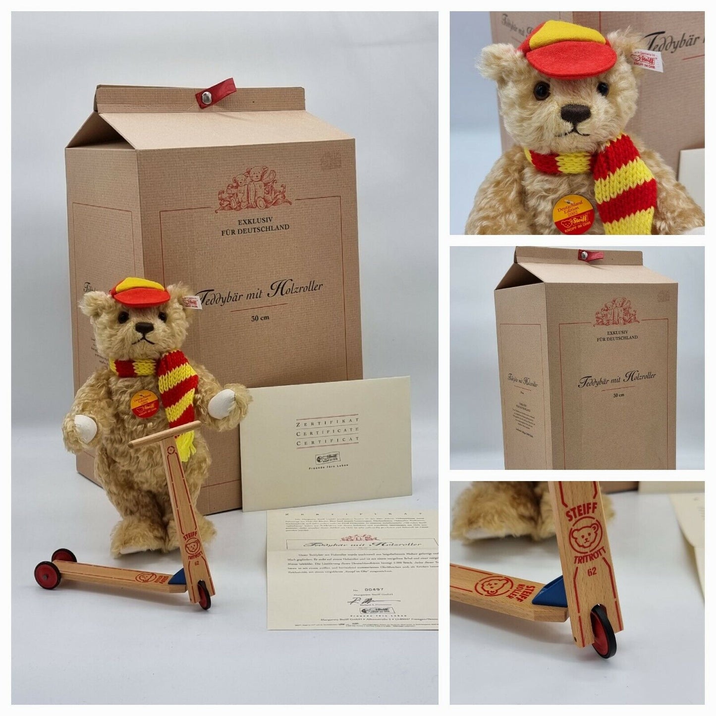 Steiff Teddybär mit Holzroller 671142 limitiert Zertifikat OVP Mohair Sammler