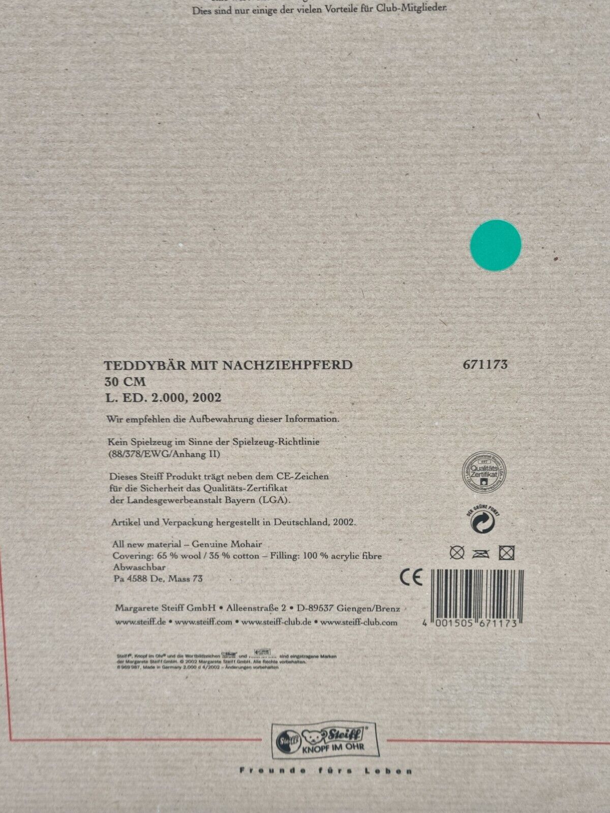 Steiff Teddybär mit Nachziehpferd, 30 cm, limitiert auf 2000; 671173