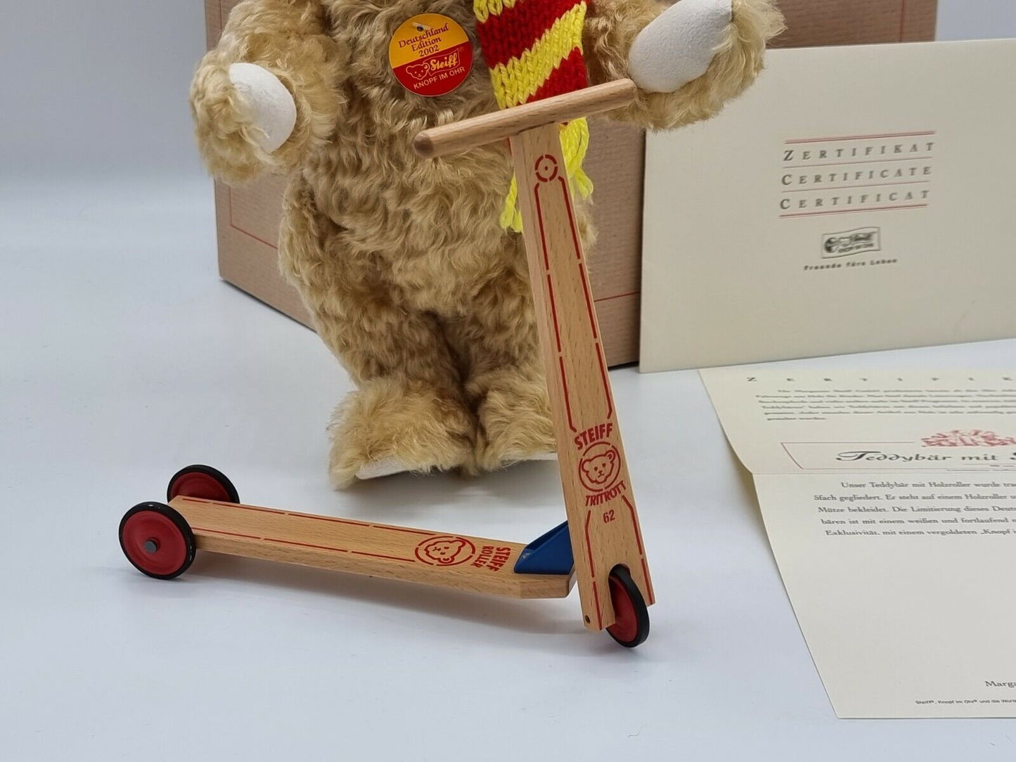 Steiff Teddybär mit Holzroller 671142 limitiert Zertifikat OVP Mohair Sammler