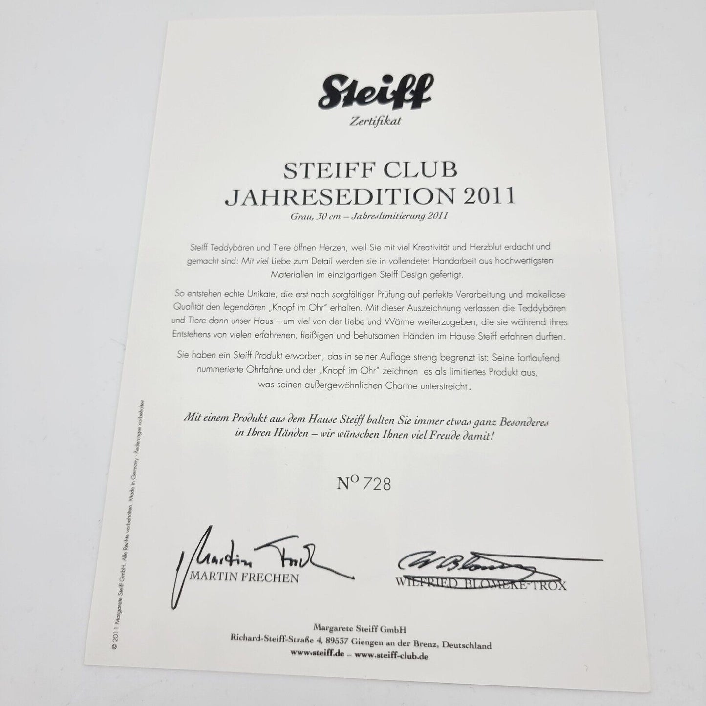 Steiff 421143 Club Teddybär Jahresedition 2011 limitiert 2011 30cm Mohair