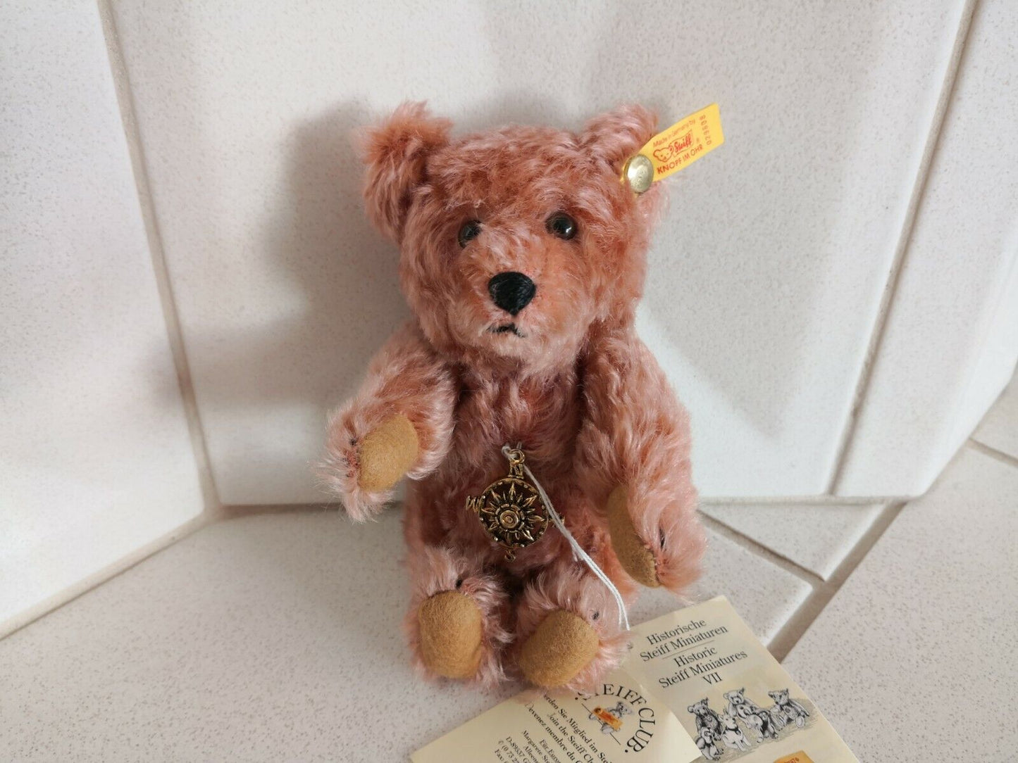 Steiff Teddy - Genuine Mohair - 16 cm - 029608 - Zertifikat - Top Zustand Knopf