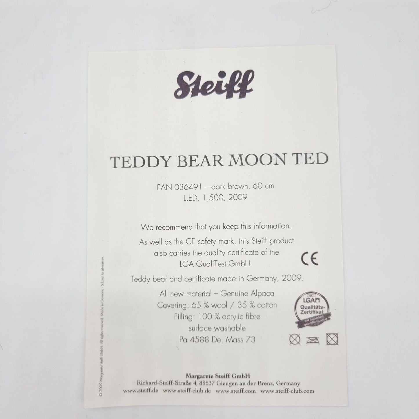 Steiff 036491 Teddybär Moon Ted braun limitiert 1500 60cm Alpaca