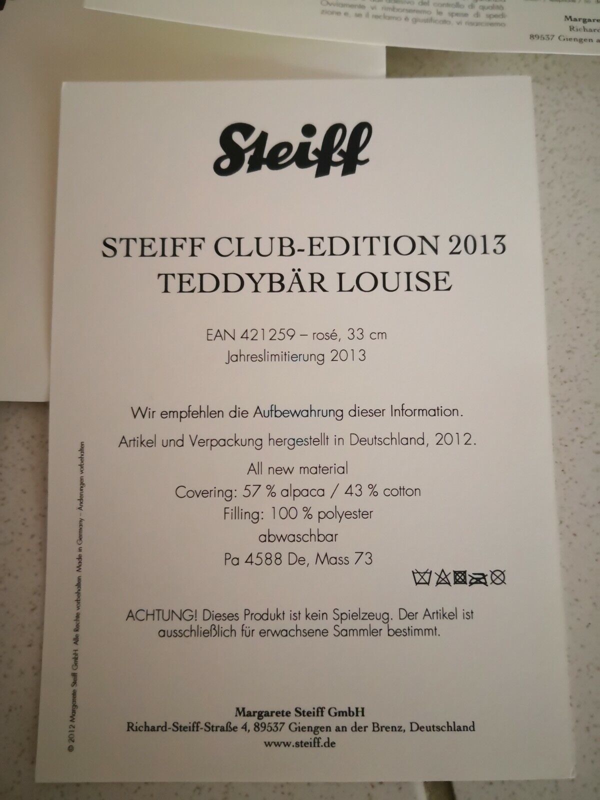 Steiff Club-Edition 2013 Teddybär Louise, Rose, 33 cm, 421259, limitiert