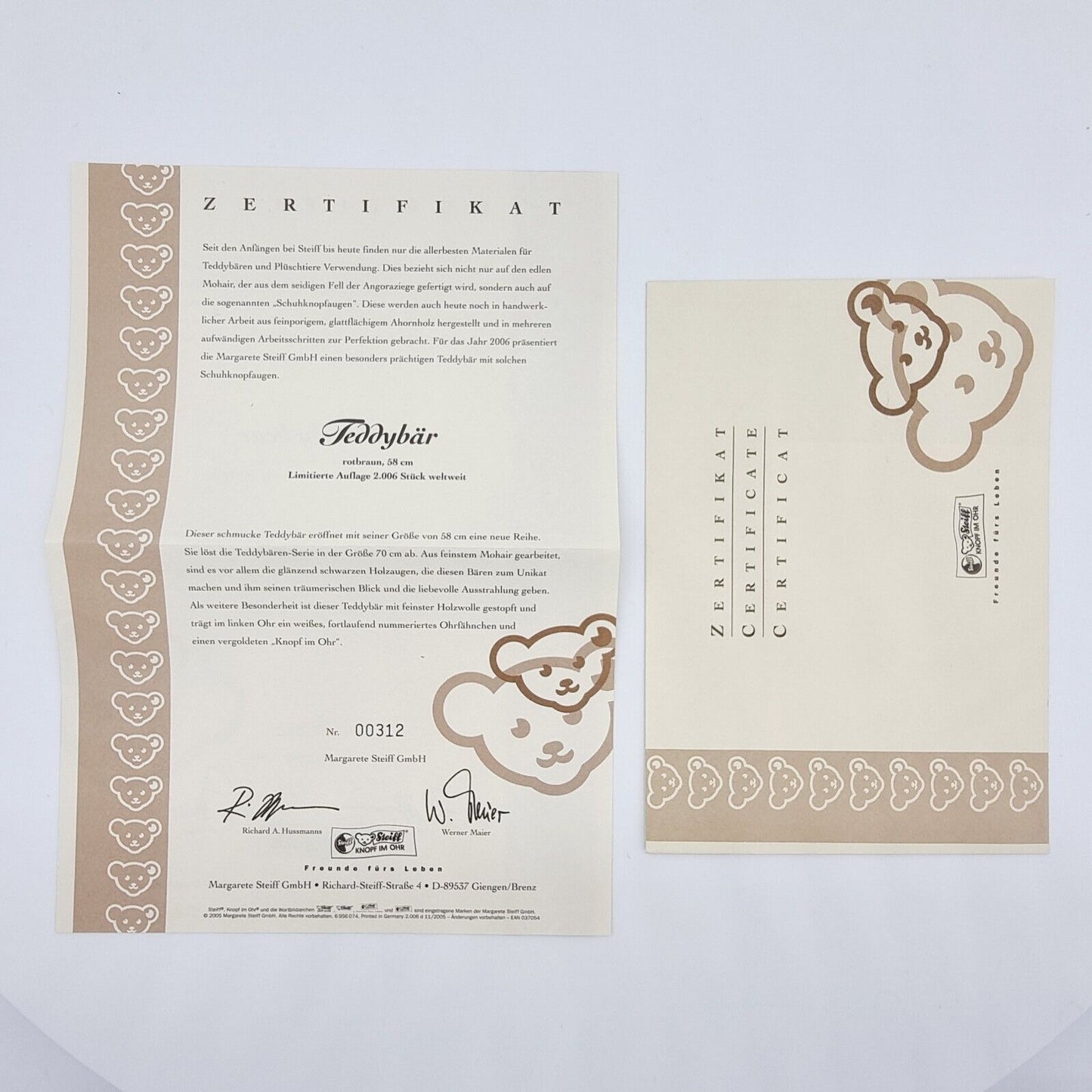 Steiff 037054 Teddybär 58 cm rotbraun limitiert 2006 Zertifikat