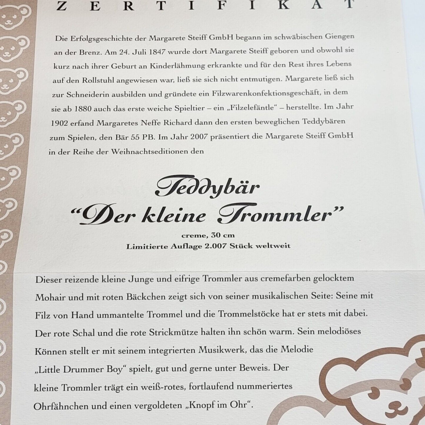 Steiff 037368 Teddybär Trommler limitiert 2007 aus 2007 30cm aus Mohair