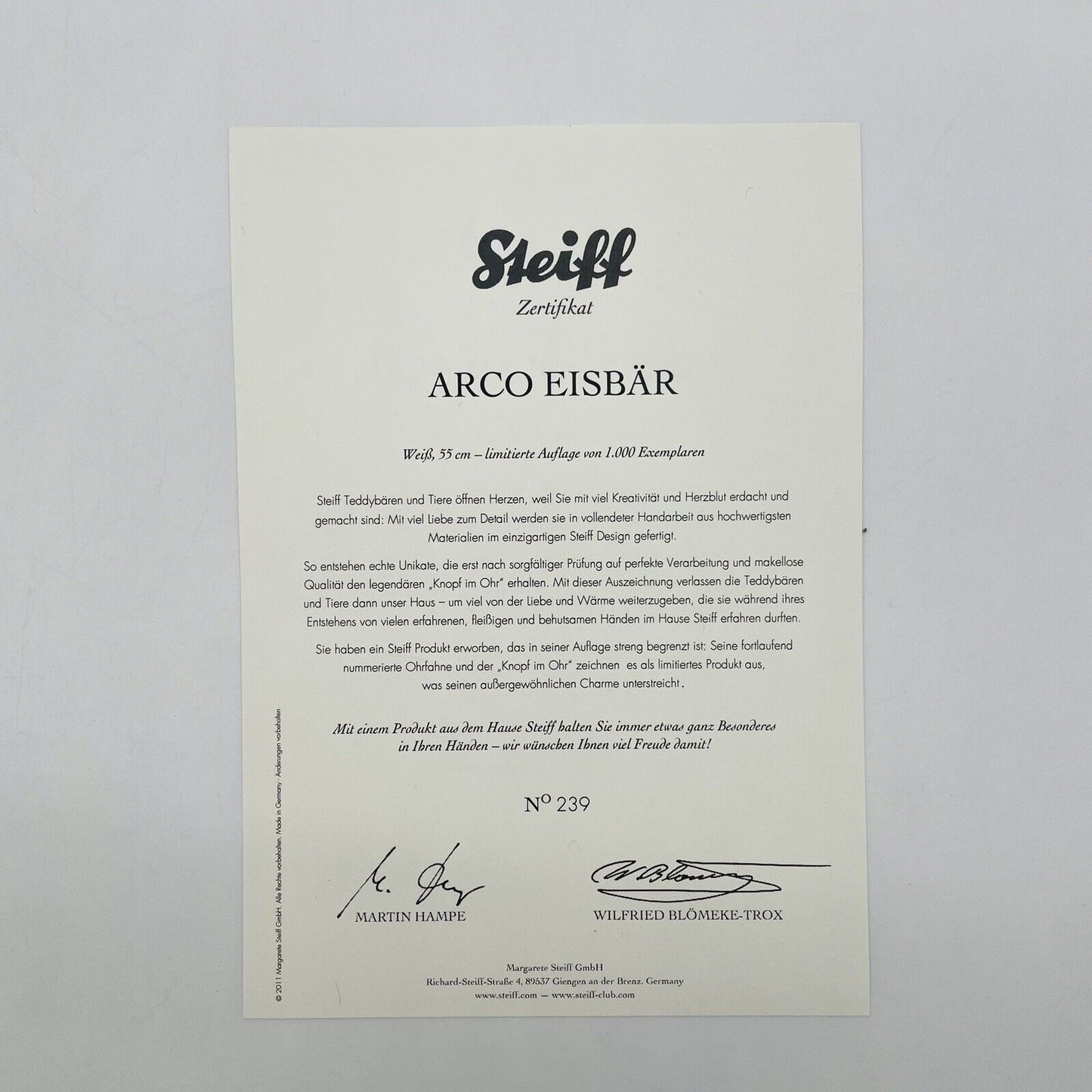 Steiff Eisbär Arco 036347 limitiert 1000 aus 2011 55cm Alpaca