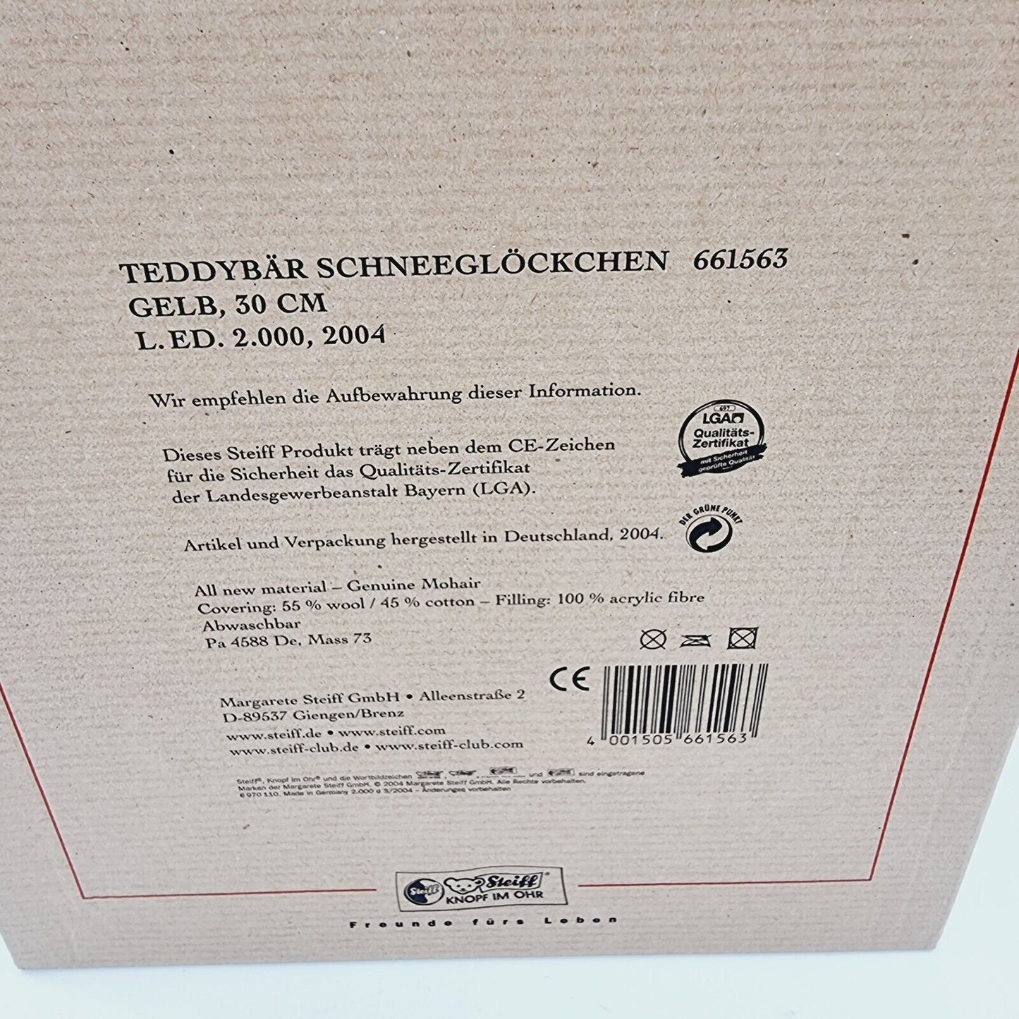 Steiff Teddybär Schneeglöckchen 661563 limitiert 2000 aus 2004 32cm Mohair